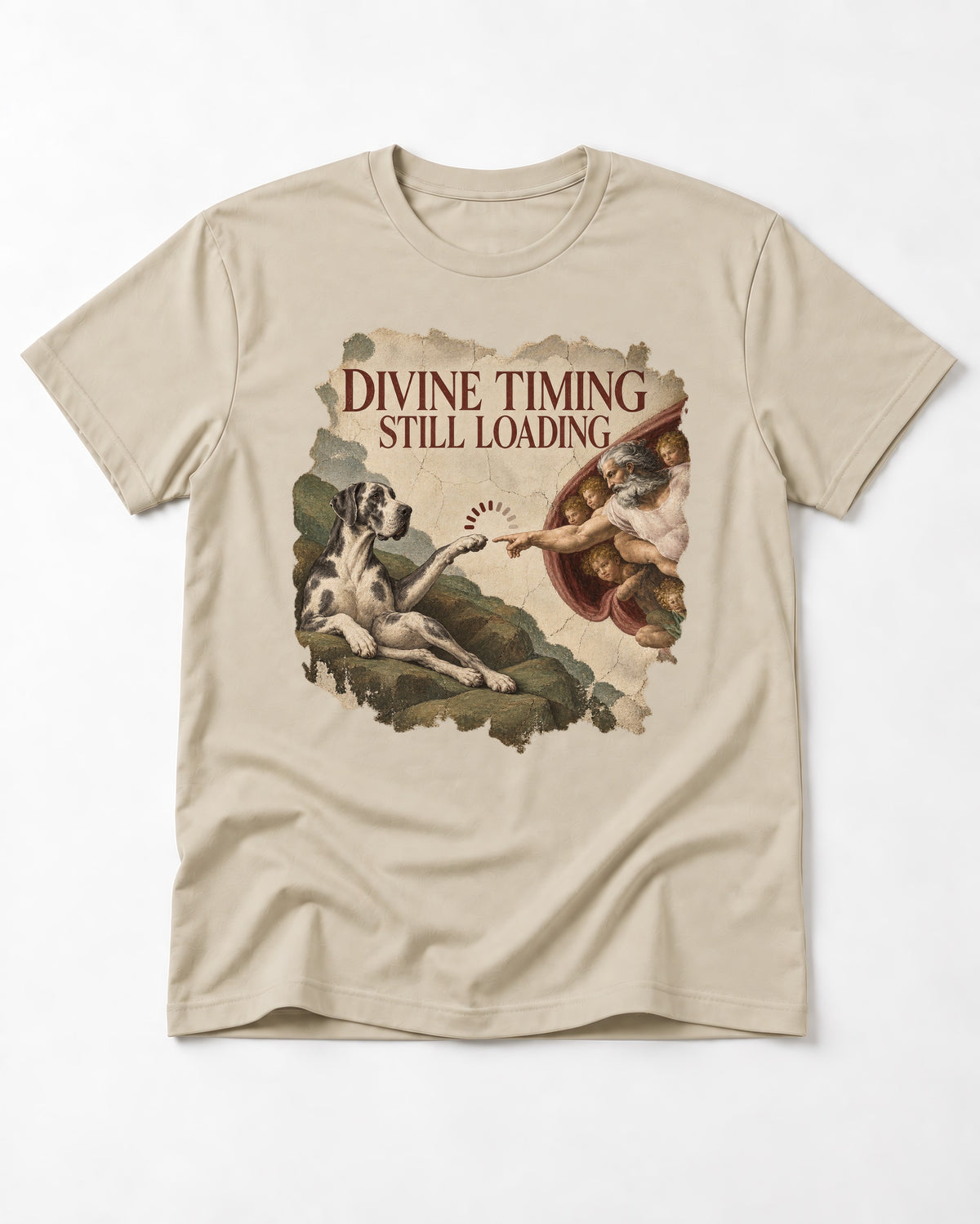 Great Dane Divine Timing Still Loading T-Shirt in Sand, flat lay product photo