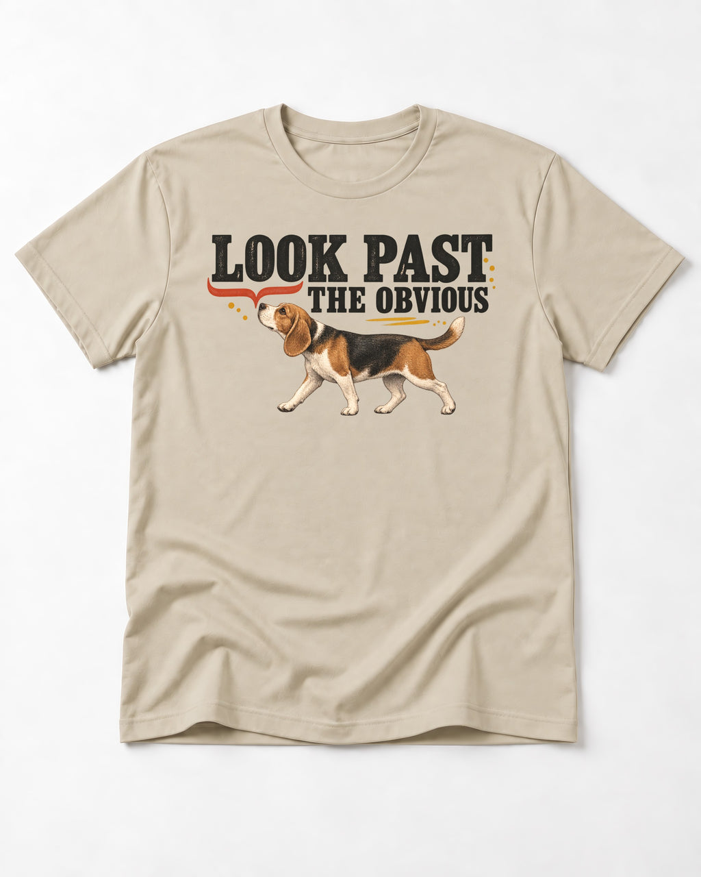 Beagle Look Past the Obvious T-Shirt in Sand, flat lay product photo