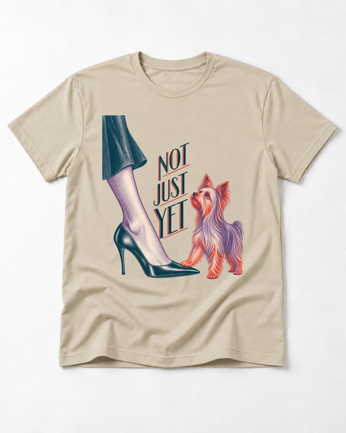 Not Just Yet Yorkshire Terrier T-Shirt in Sand, flat lay product photo