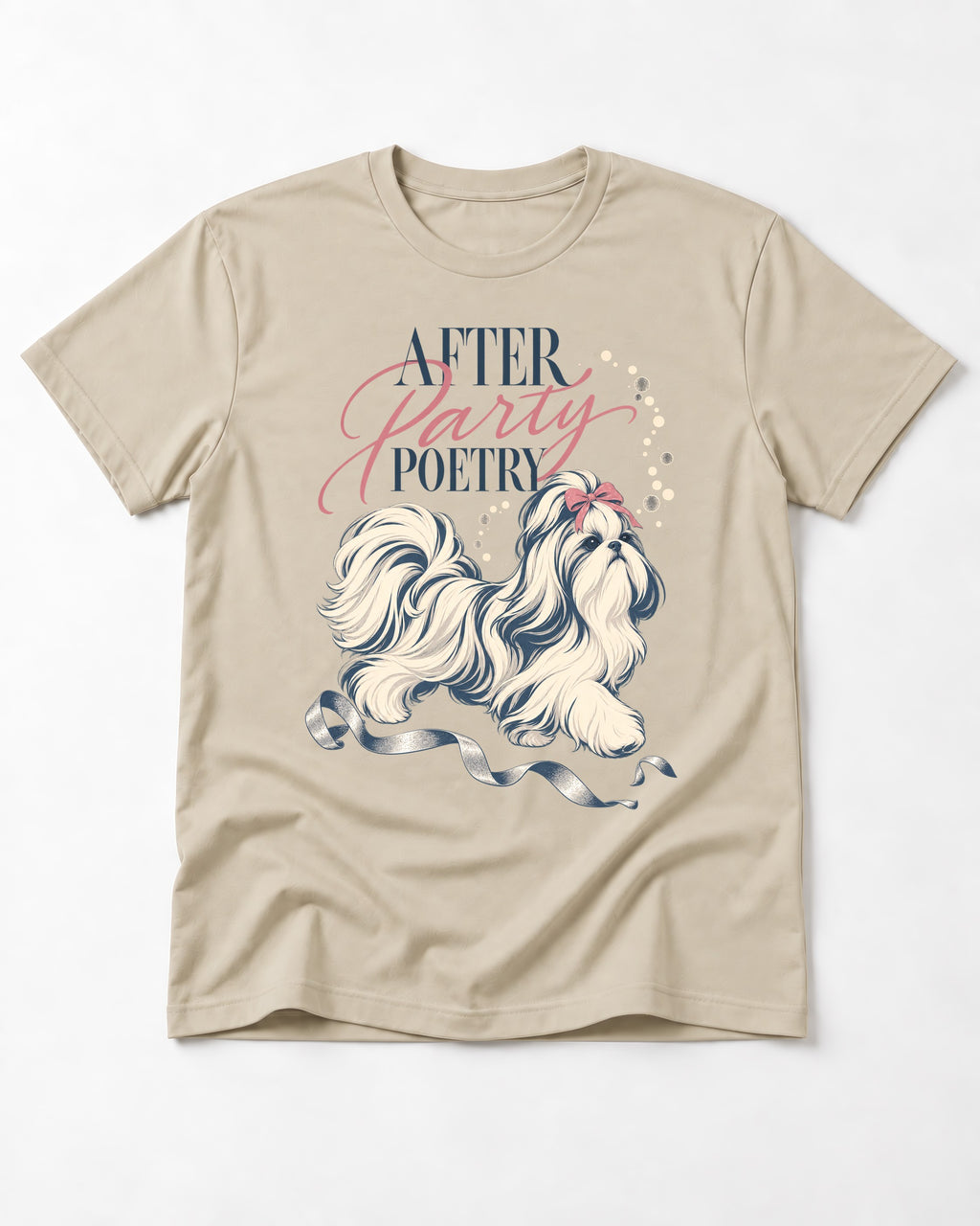 After Party Poetry Shih Tzu T-Shirt in Sand, flat lay product photo
