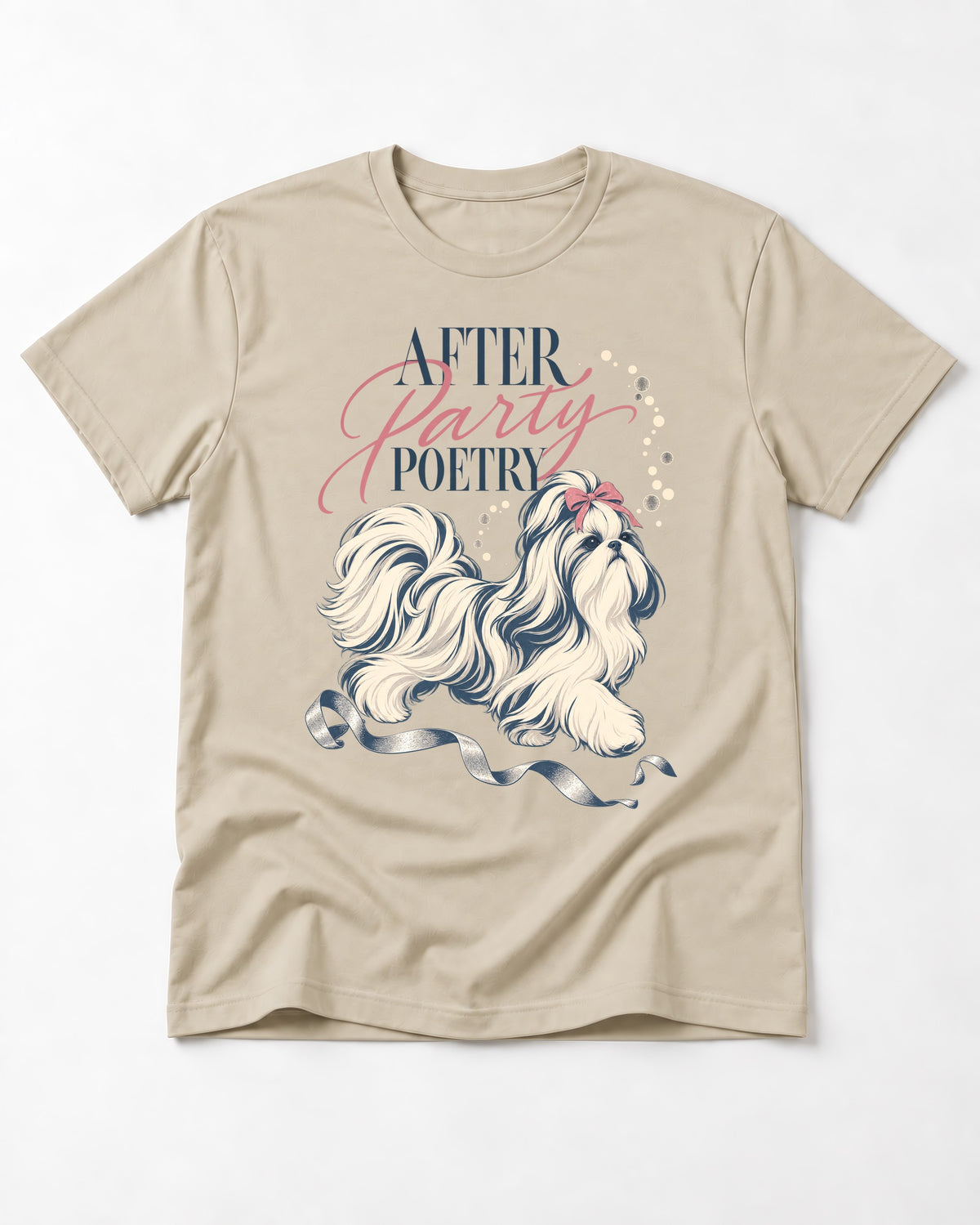 After Party Poetry Shih Tzu T-Shirt in Sand, flat lay product photo