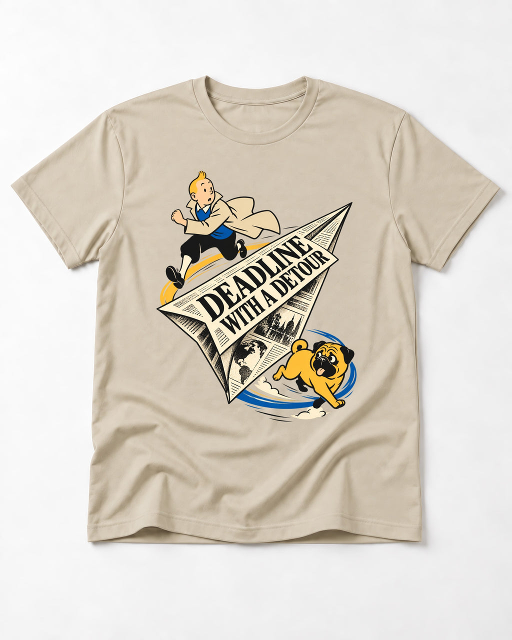 Deadline with a Pug Detour T-Shirt in Sand, flat lay product photo
