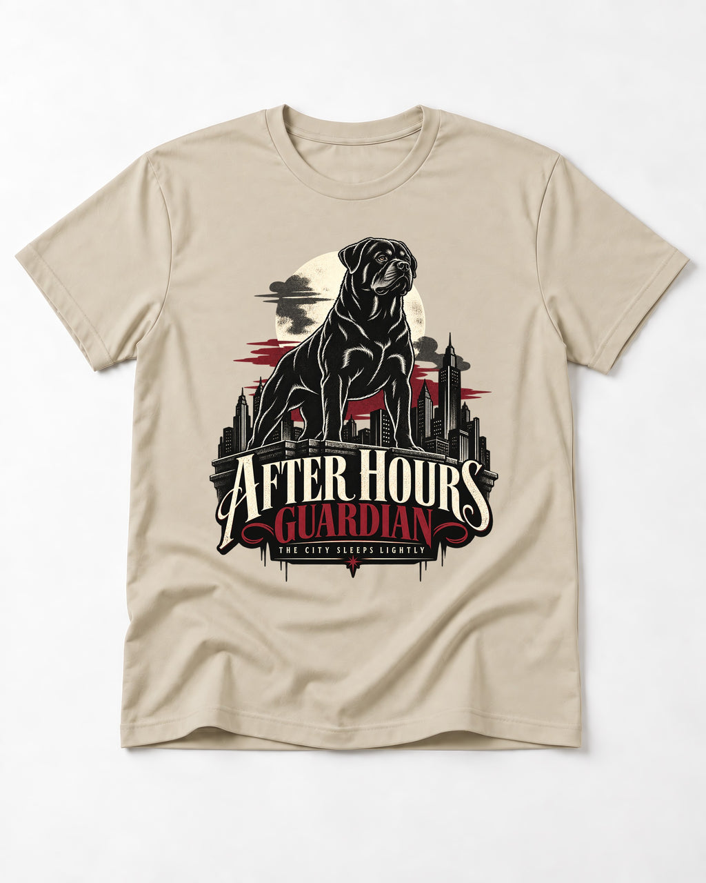 After Hours Rottweiler Guardian T-Shirt in Sand, flat lay product photo