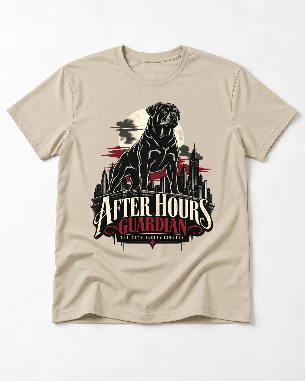 After Hours Rottweiler Guardian T-Shirt in Sand, flat lay product photo