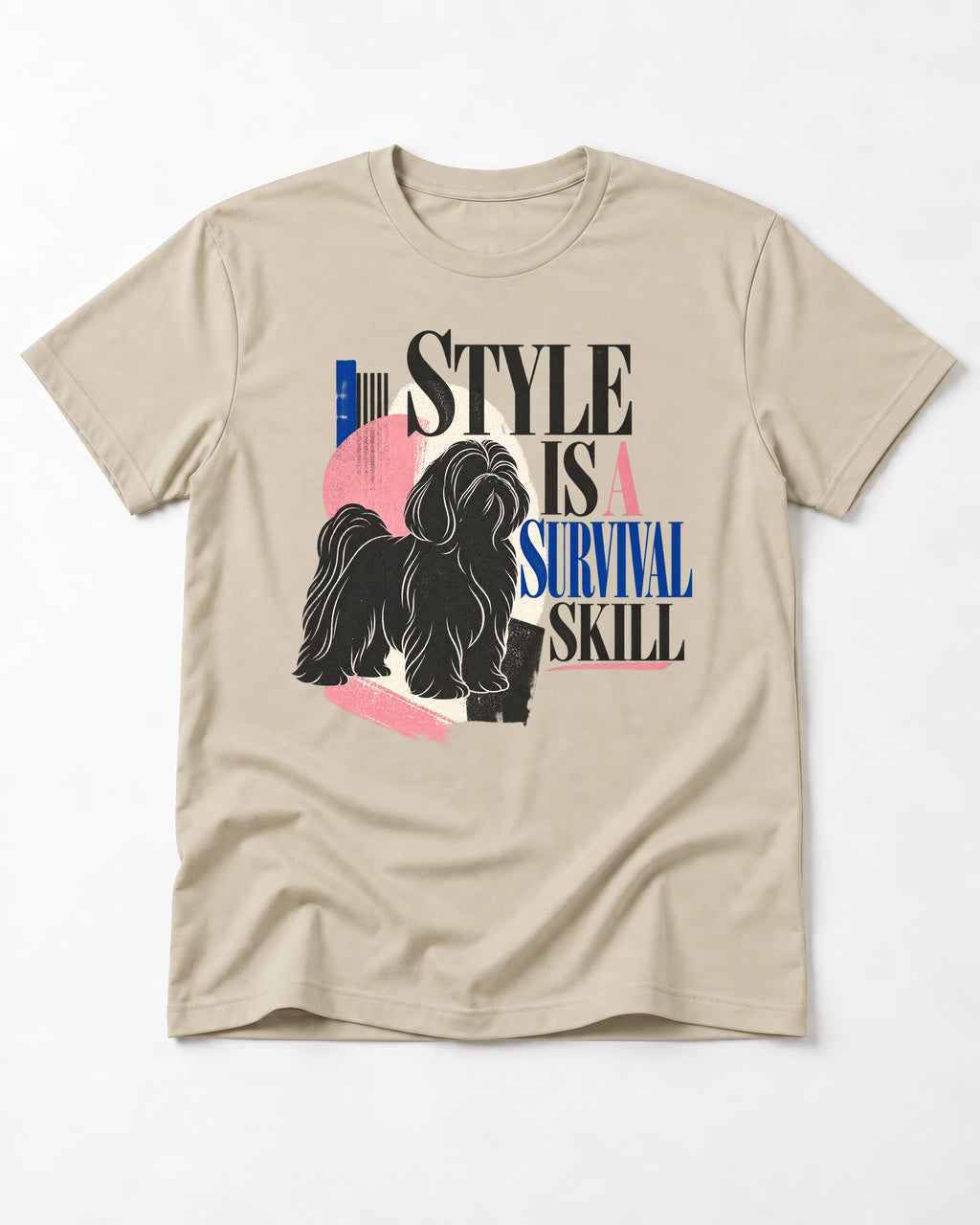 Shih Tzu Survival Skill T-Shirt in Sand, flat lay product photo