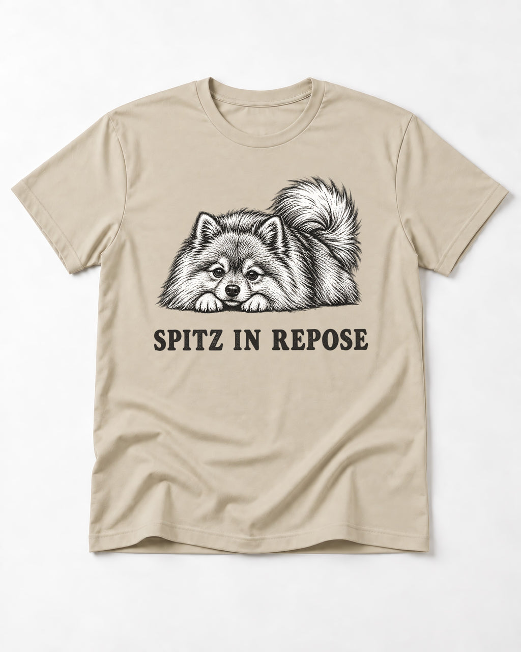 Pomeranian In Repose T-Shirt in Sand, flat lay product photo