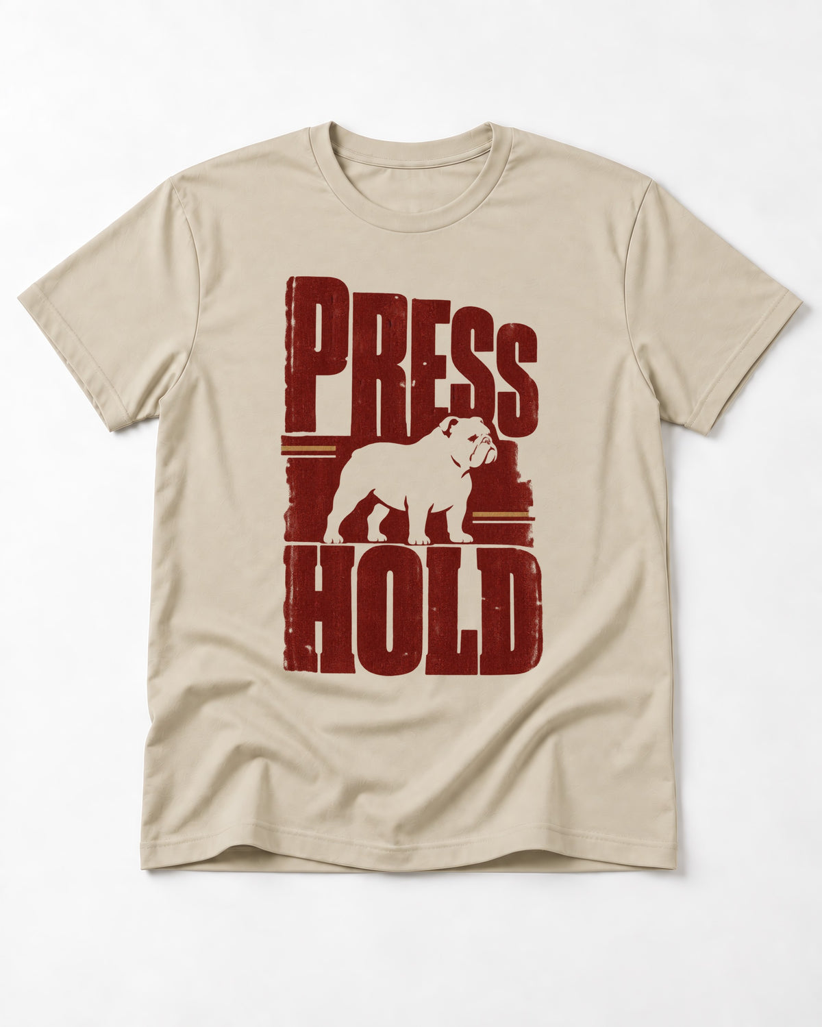English Bulldog Press and Hold T-Shirt in Sand, flat lay product photo