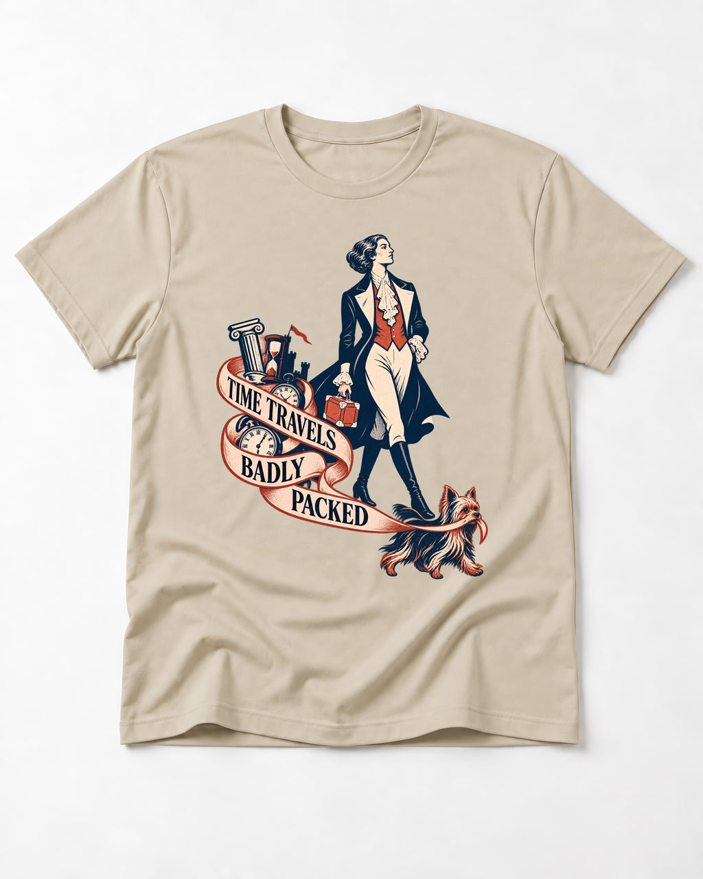 Time Travels Badly Packed Yorkshire Terrier T-Shirt in Sand, flat lay product photo