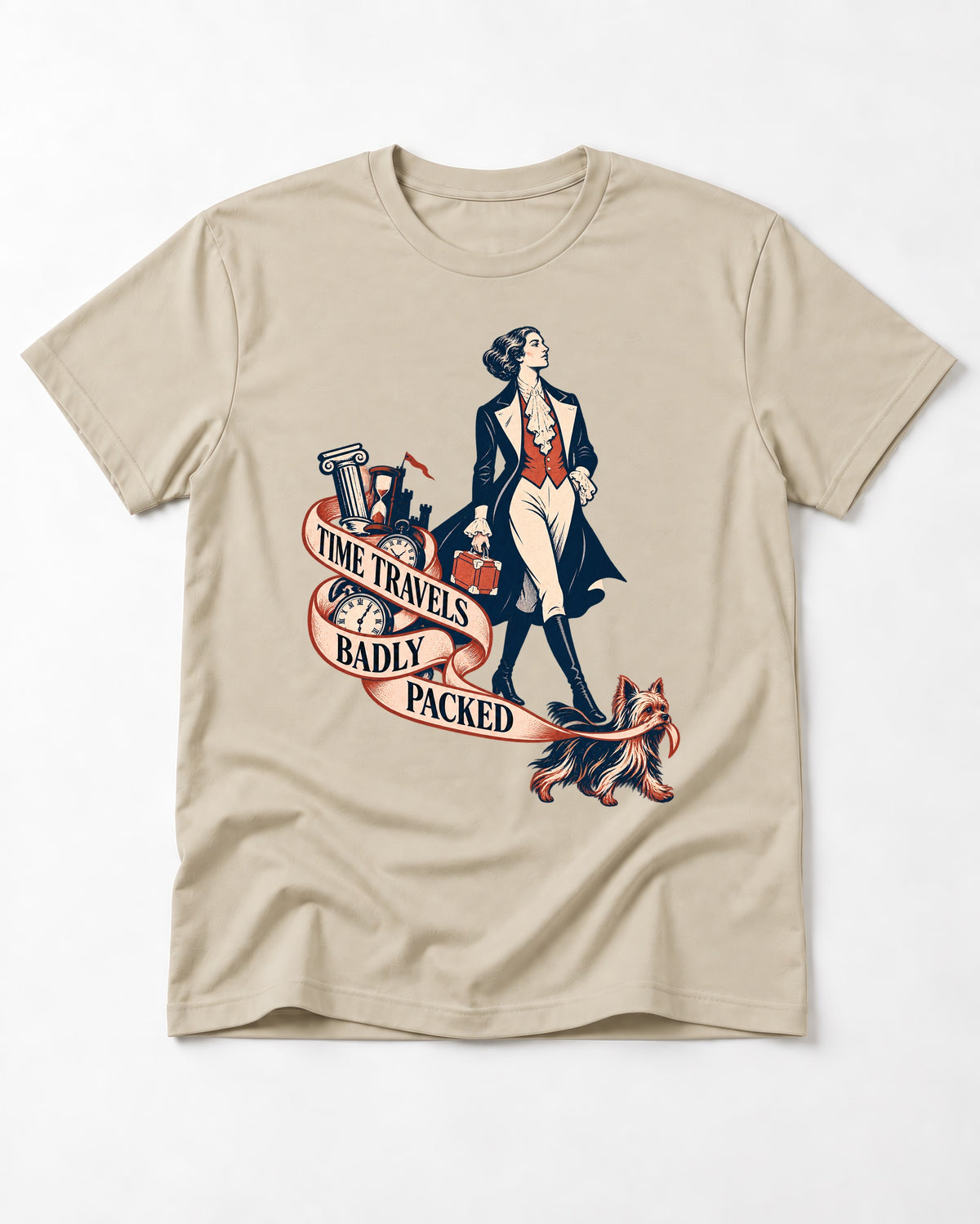 Time Travels Badly Packed Yorkshire Terrier T-Shirt in Sand, flat lay product photo
