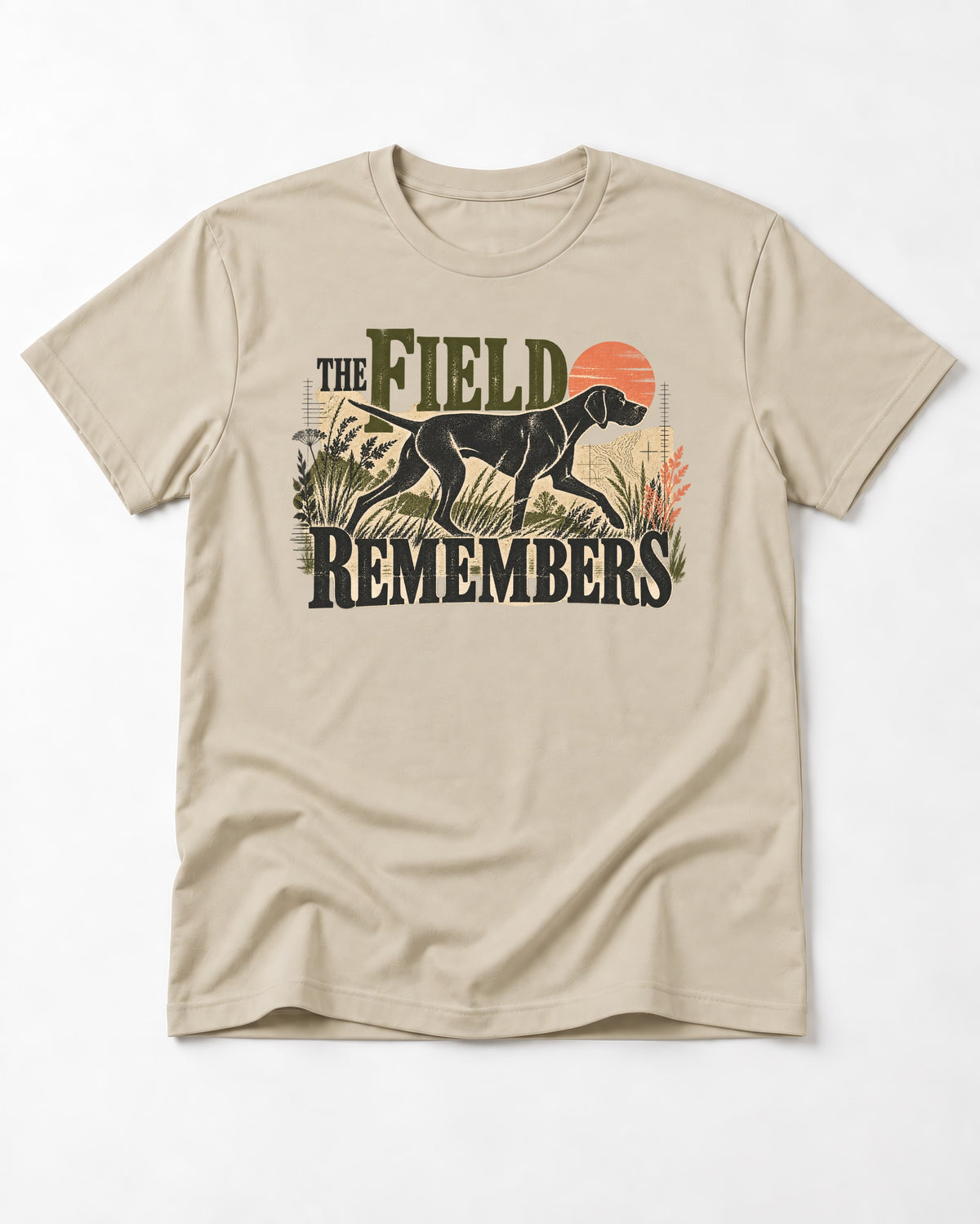 The Field Remembers German Shorthaired Pointer T-Shirt in Sand, flat lay product photo