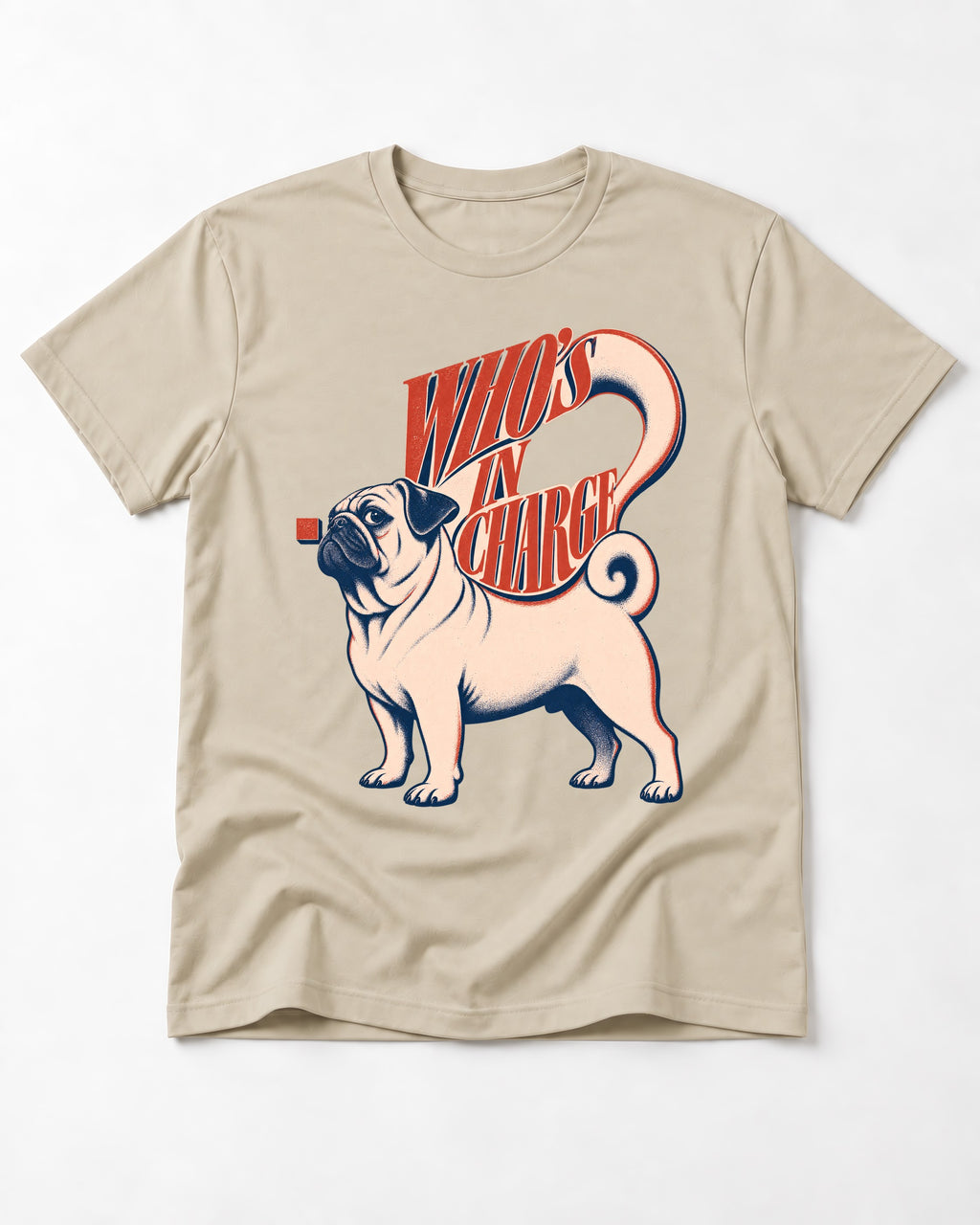 Pug In Charge T-Shirt in Sand, flat lay product photo