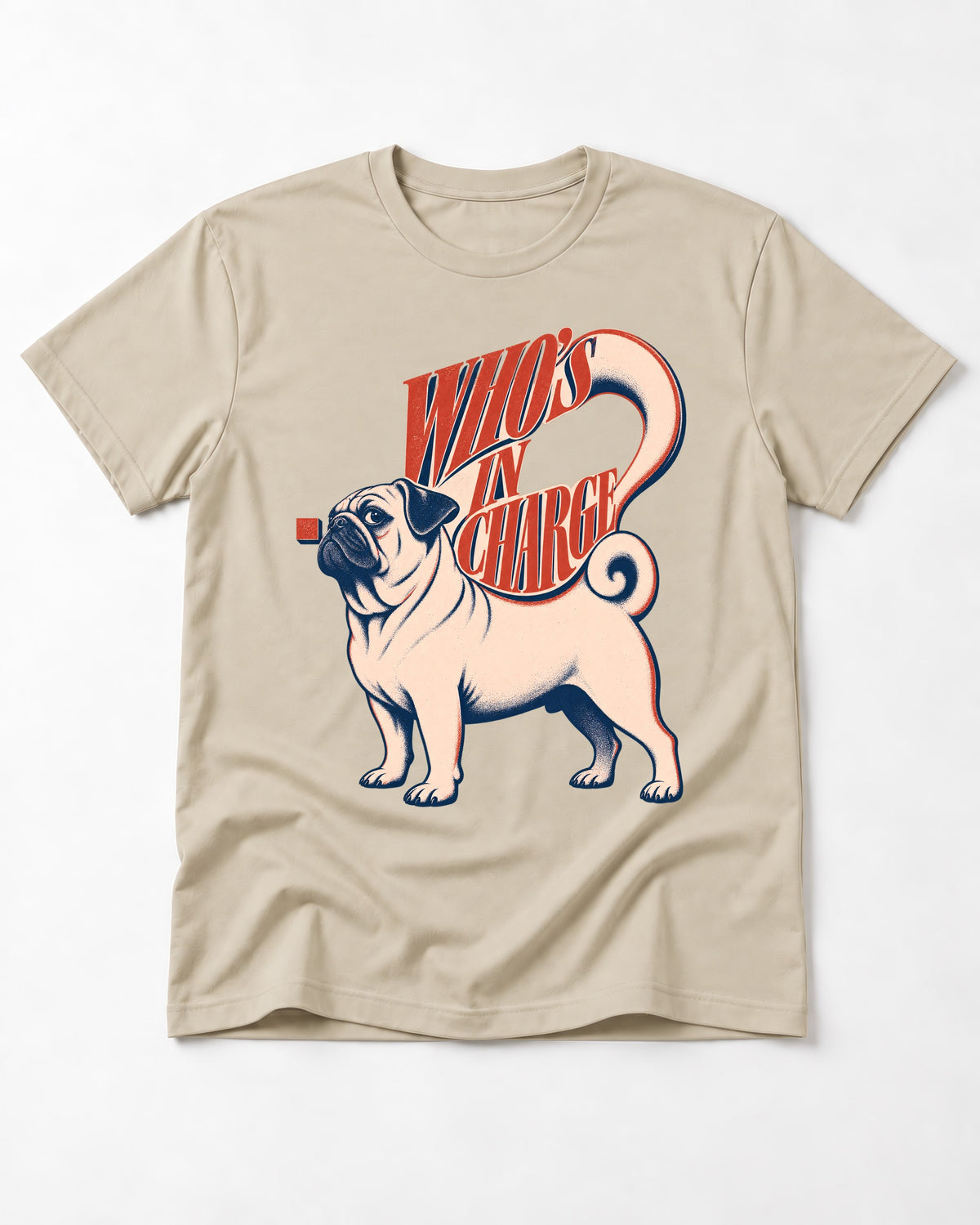 Pug In Charge T-Shirt in Sand, flat lay product photo