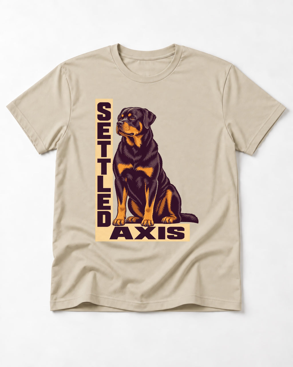 Settled Axis Rottweiler T-Shirt in Sand, flat lay product photo