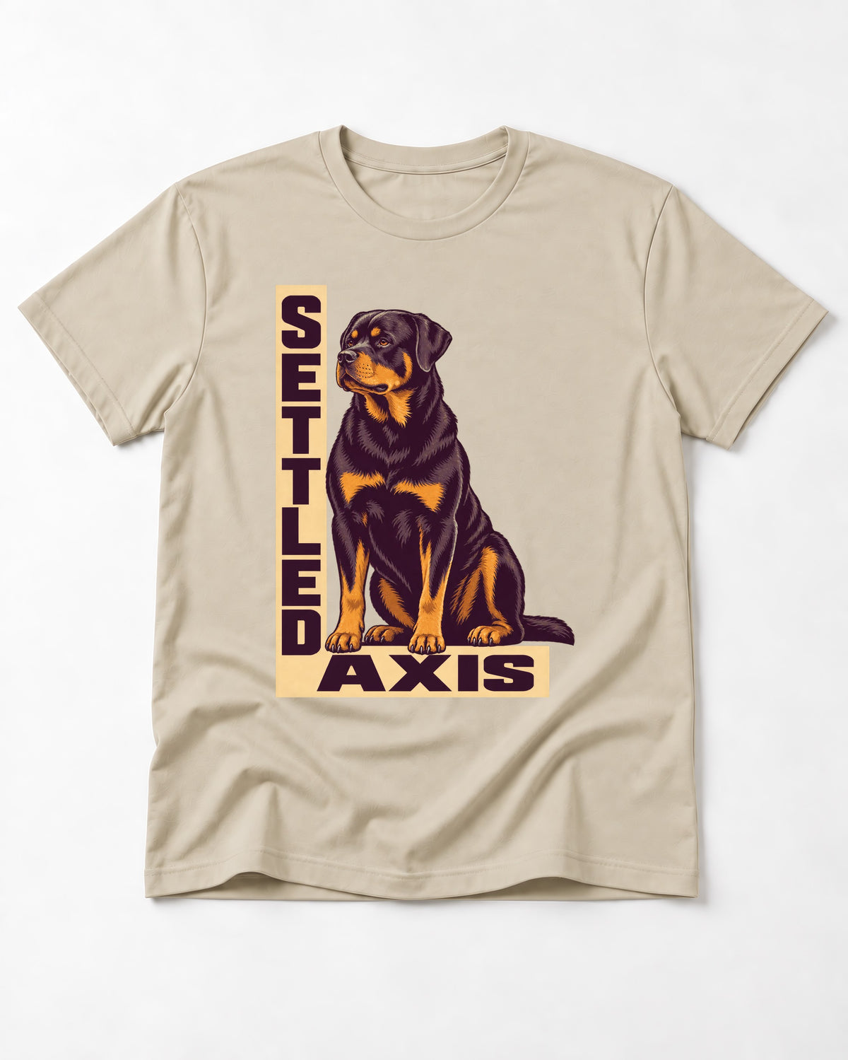Settled Axis Rottweiler T-Shirt in Sand, flat lay product photo