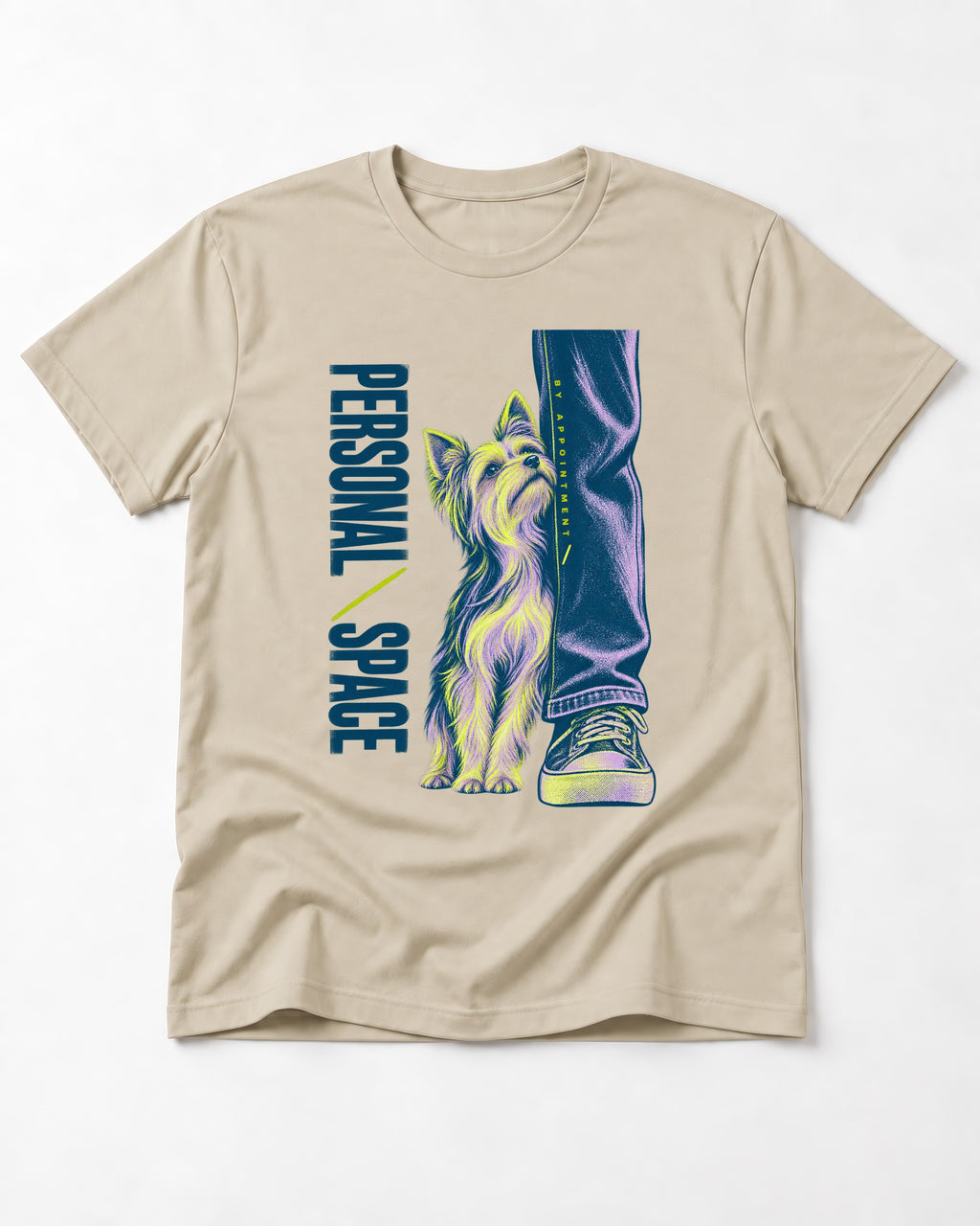 Yorkshire Terrier Personal Space by Appointment T-Shirt in Sand, flat lay product photo