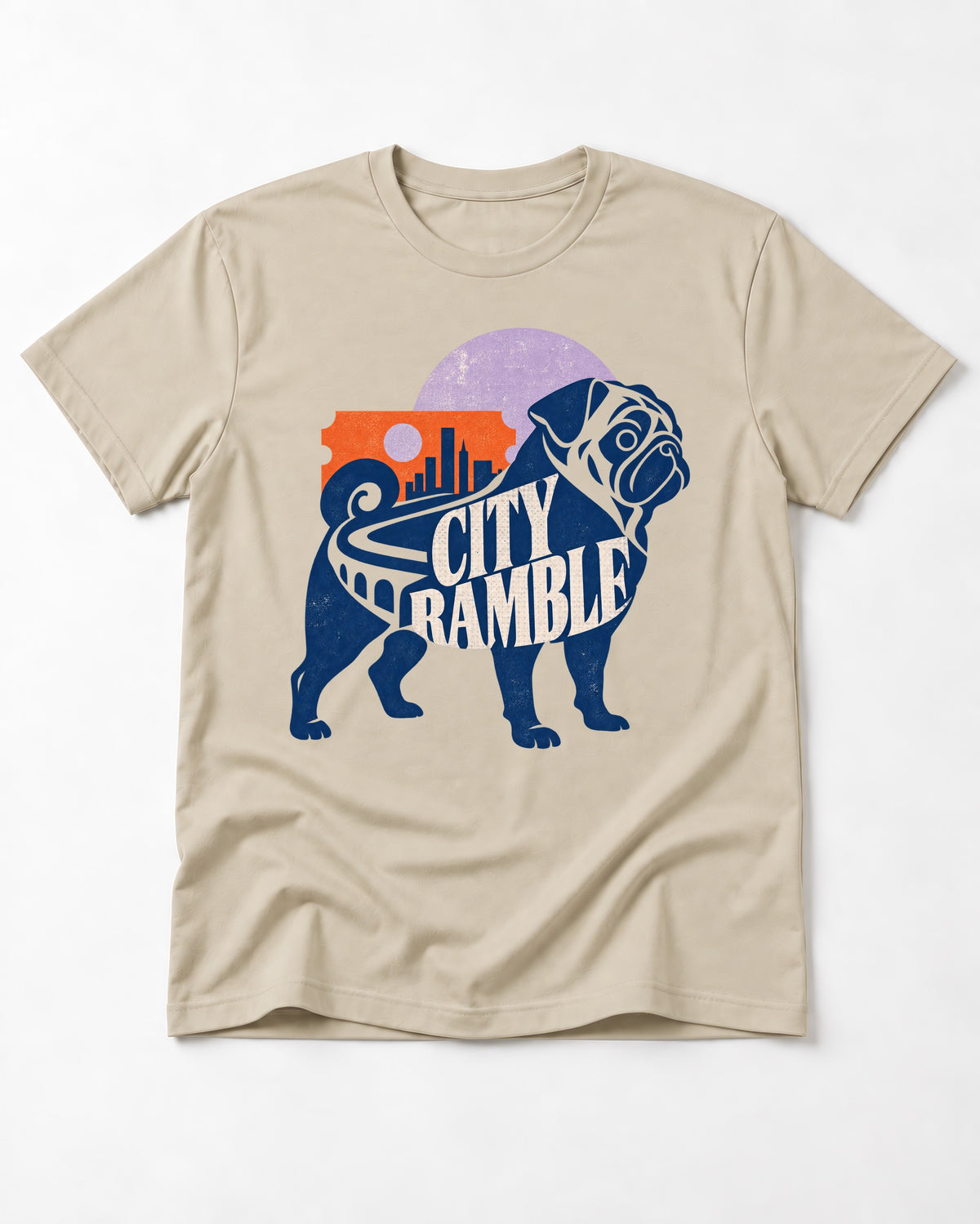 Pug's Big City Ramble T-Shirt in Sand, flat lay product photo