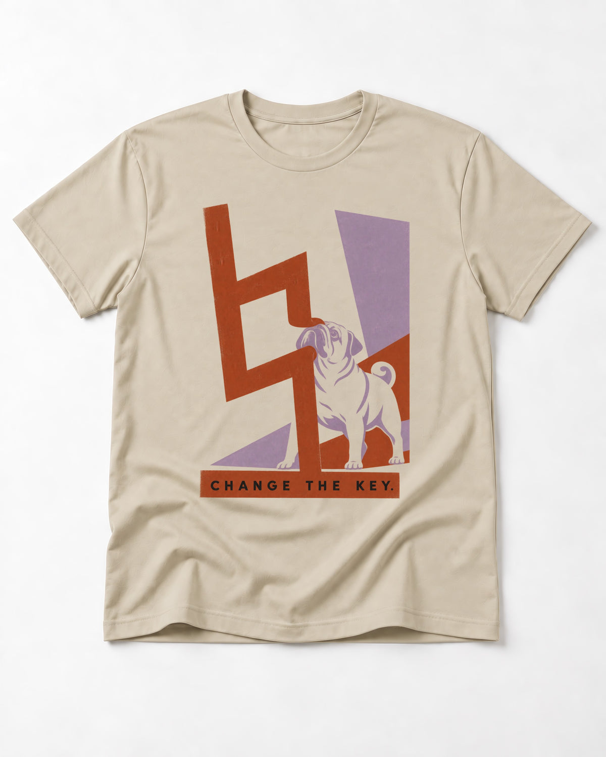 Pug Change the Key T-Shirt in Sand, flat lay product photo