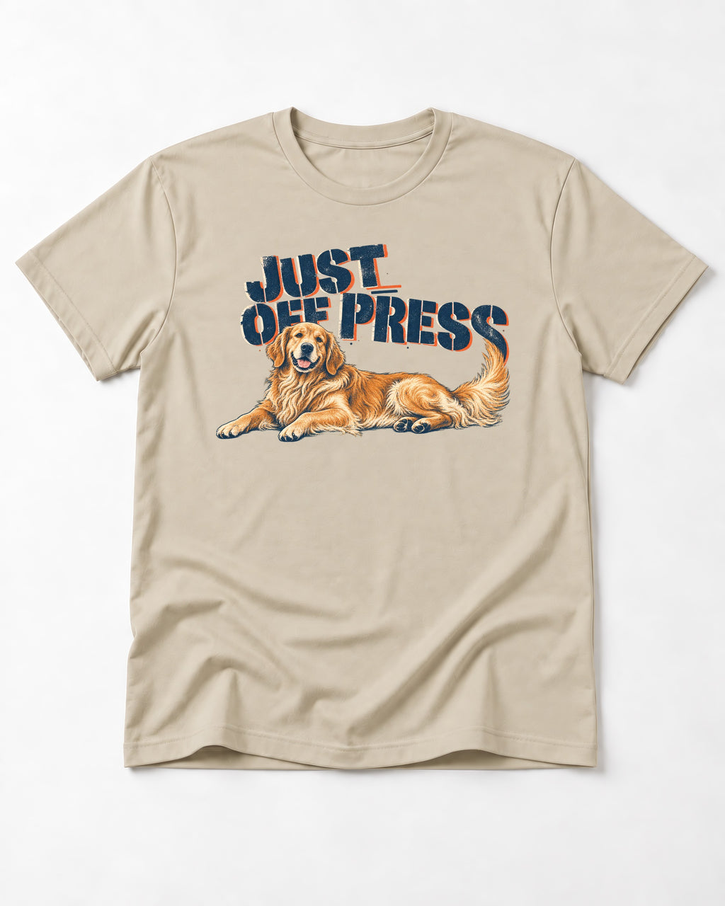 Golden Retriever Just Off Press T-Shirt in Sand, flat lay product photo