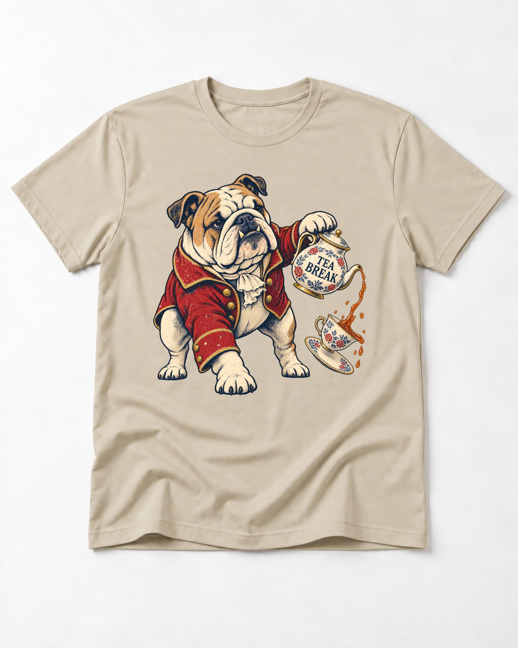 English Bulldog Tea Break T-Shirt in Sand, flat lay product photo
