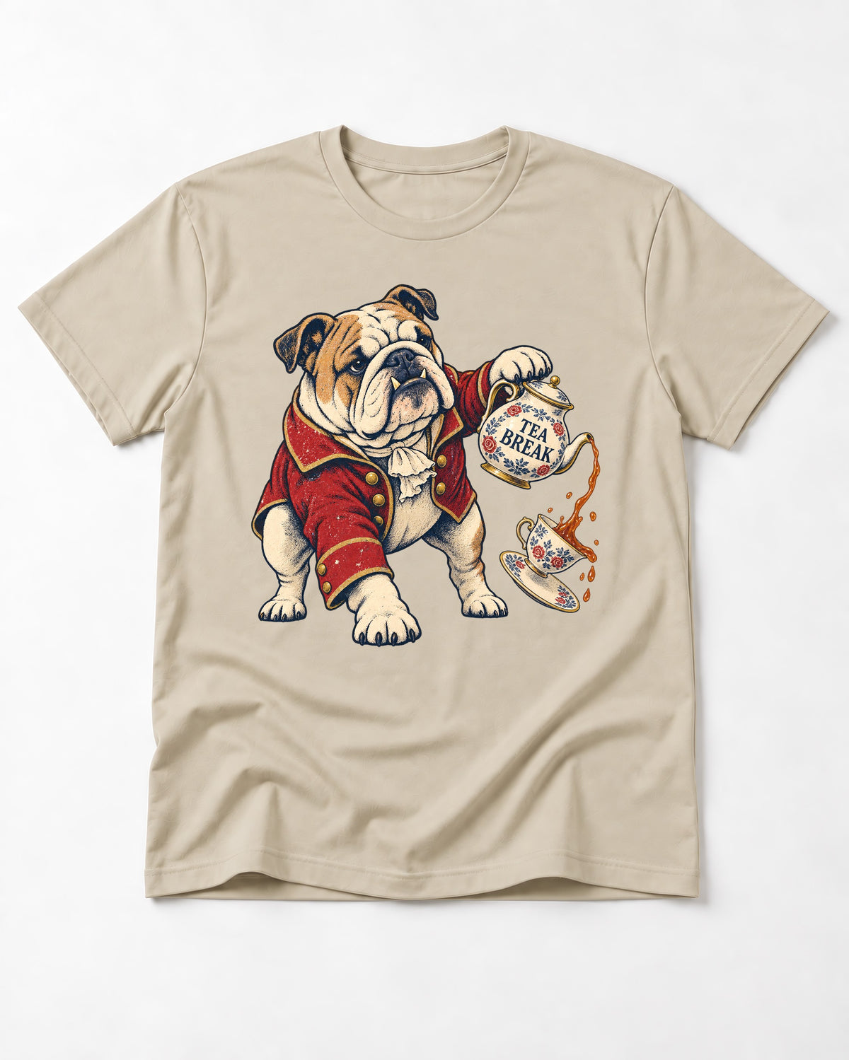 English Bulldog Tea Break T-Shirt in Sand, flat lay product photo
