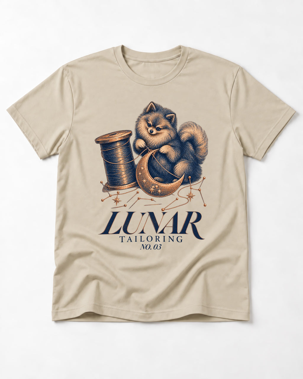 Pomeranian's Lunar Tailoring T-Shirt in Sand, flat lay product photo