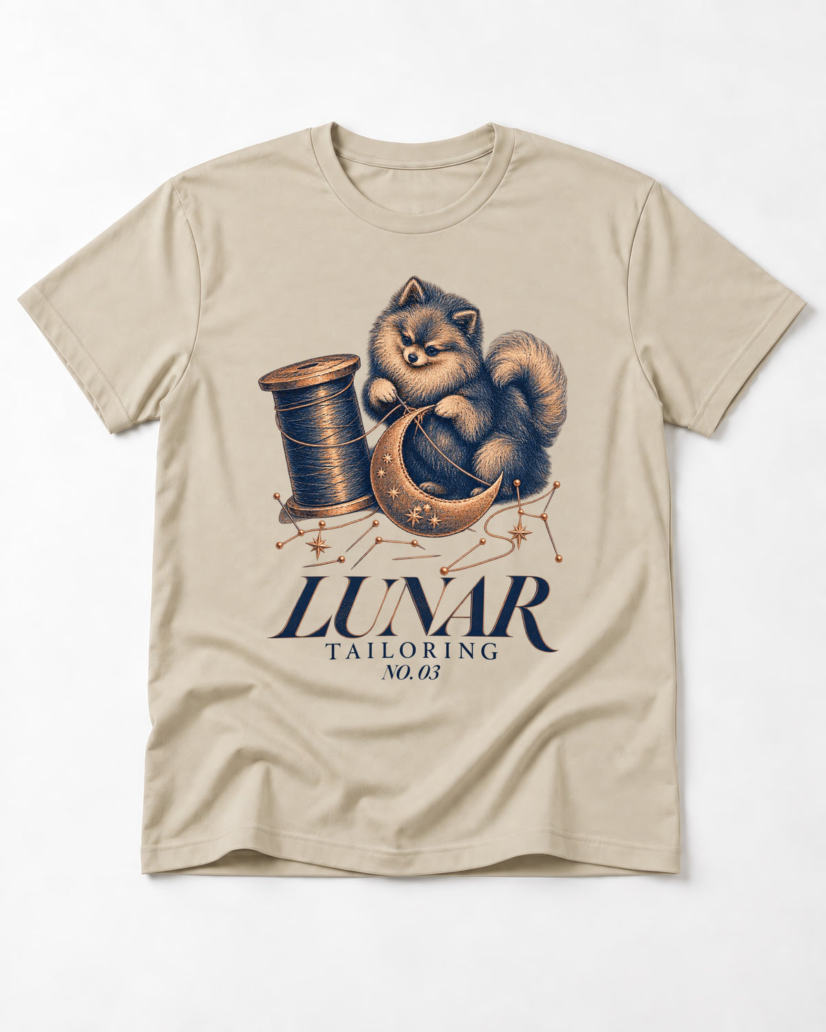 Pomeranian's Lunar Tailoring T-Shirt in Sand, flat lay product photo