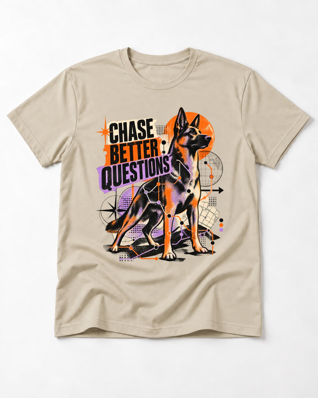 Chase Better Questions German Shepherd Dog T-Shirt in Sand, flat lay product photo