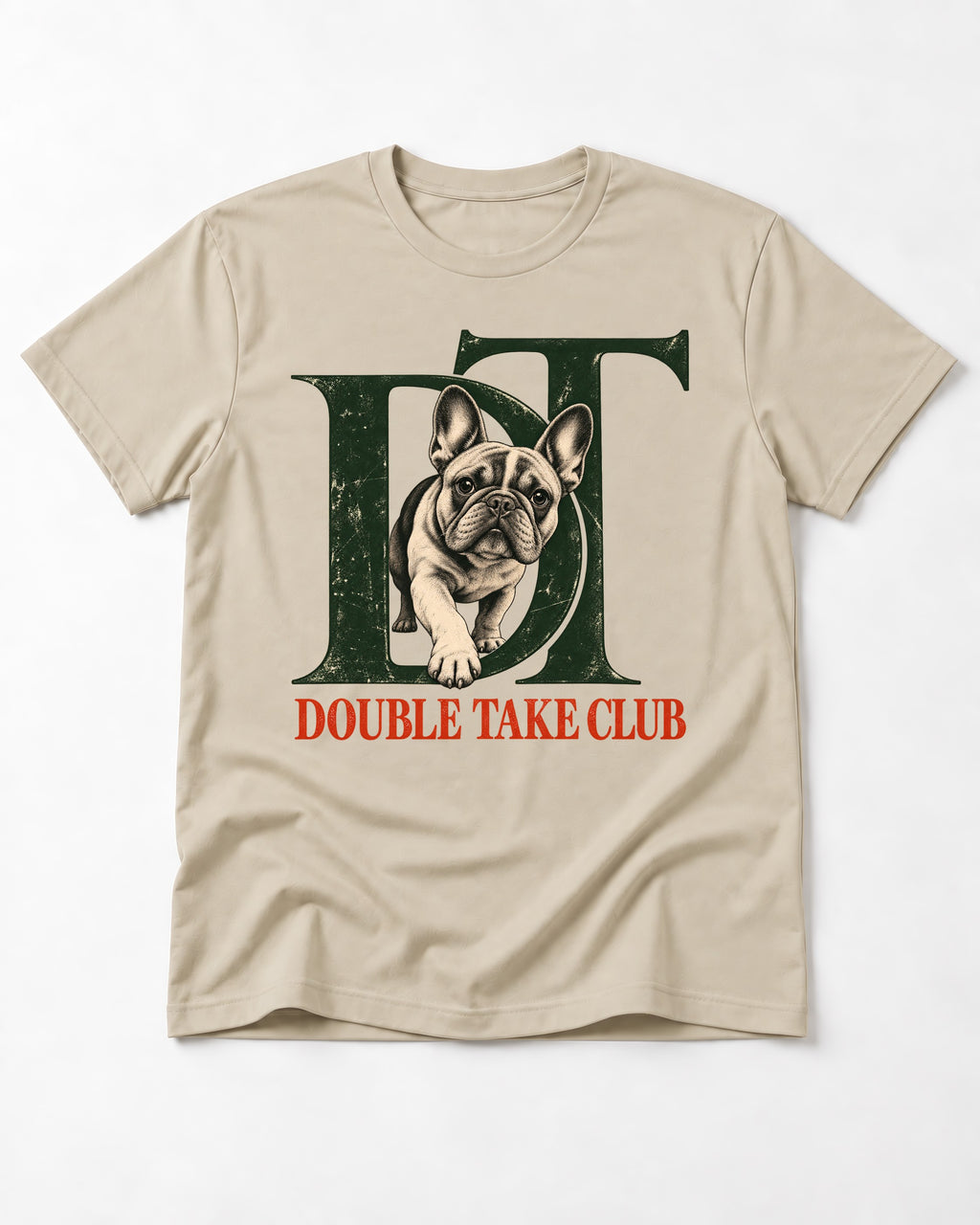 Frenchie Double Take Club T-Shirt in Sand, flat lay product photo