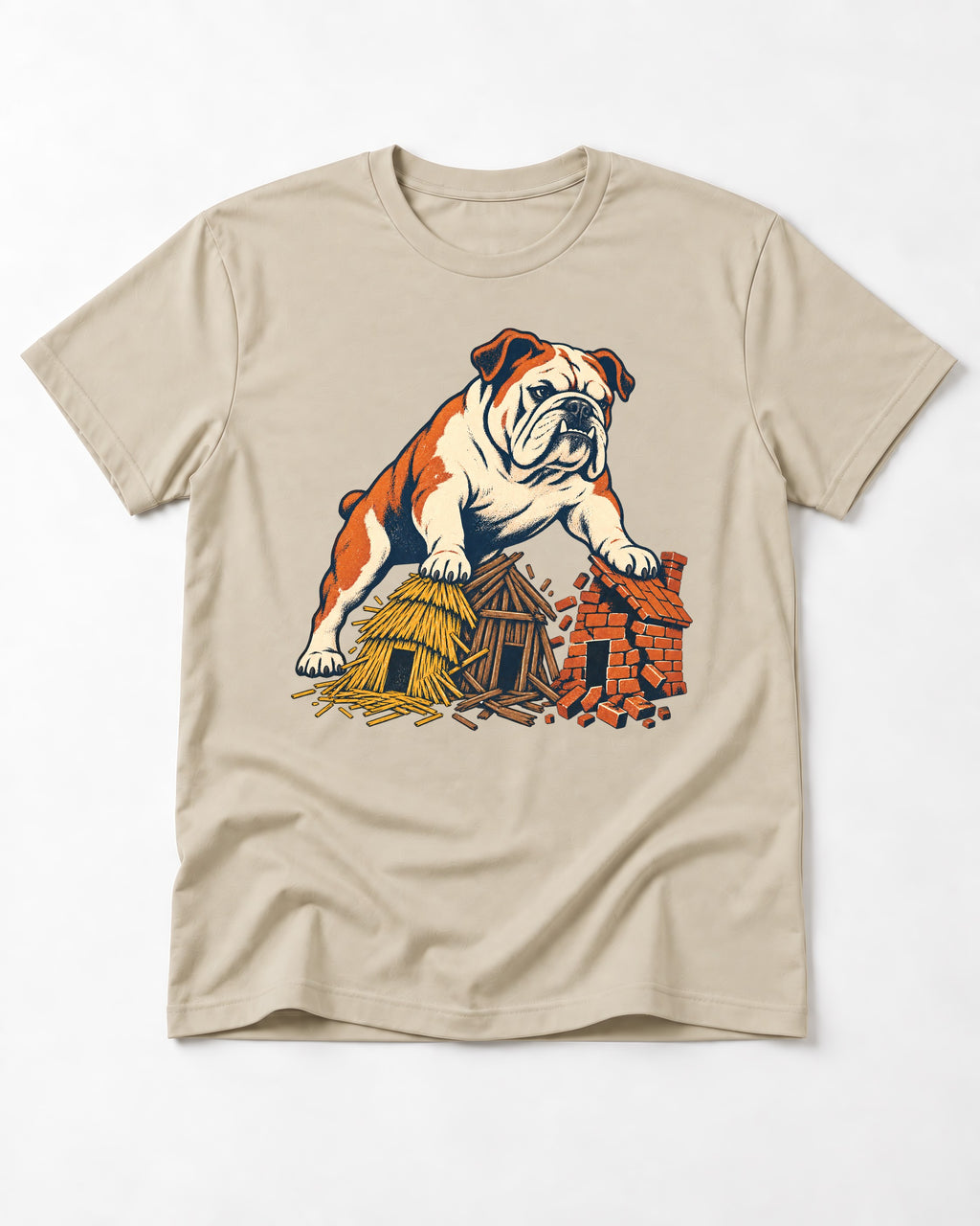 English Bulldog Huff and Puff T-Shirt in Sand, flat lay product photo