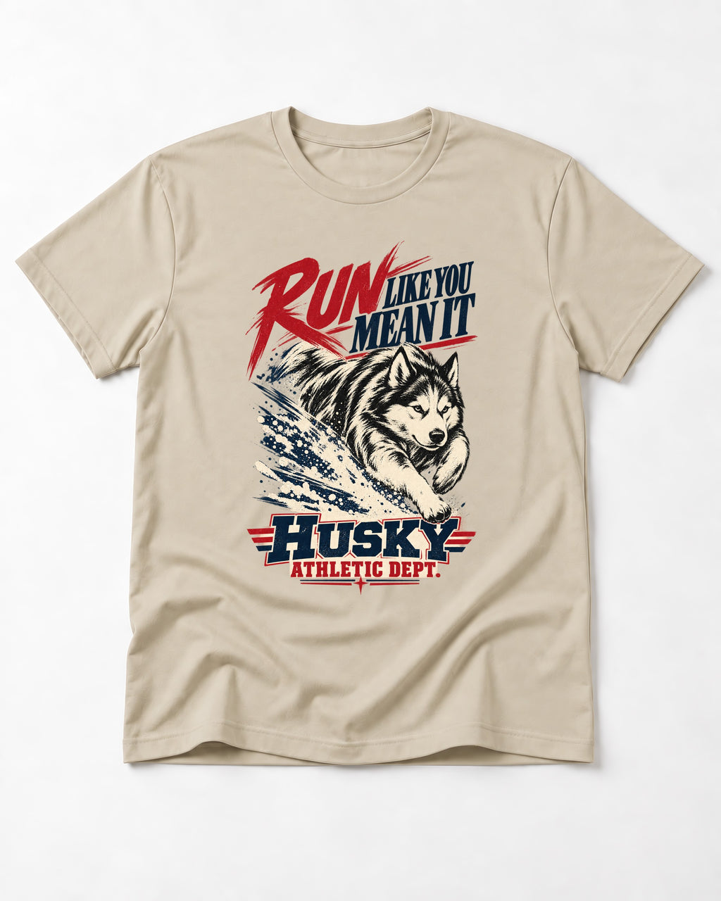 Husky Run with Purpose T-Shirt in Sand, flat lay product photo