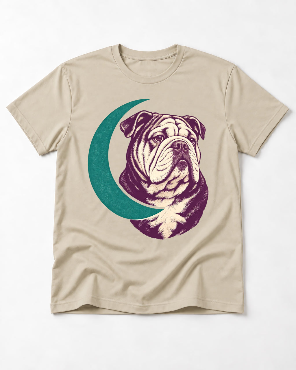 Moonstruck English Bulldog T-Shirt in Sand, flat lay product photo