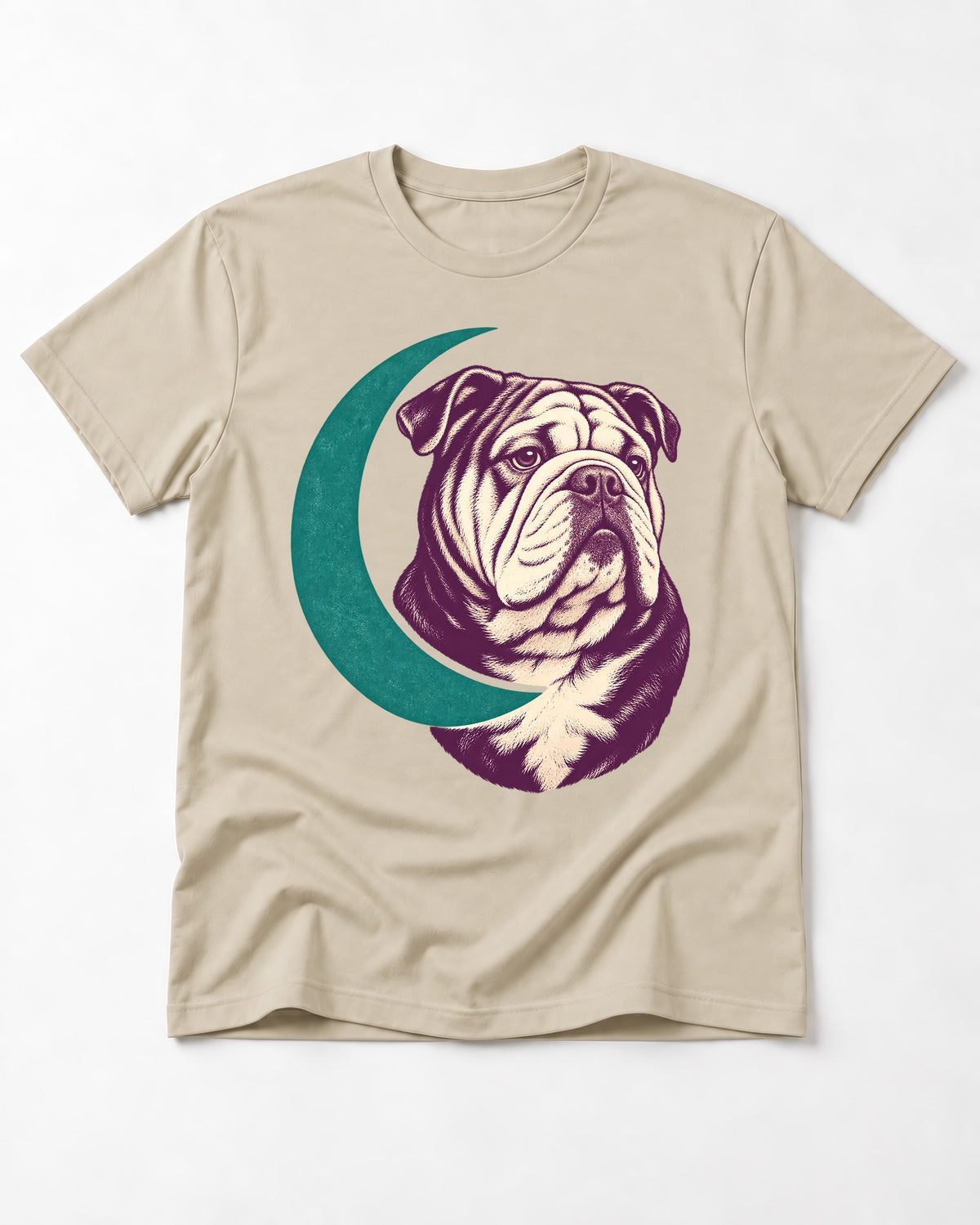 Moonstruck English Bulldog T-Shirt in Sand, flat lay product photo