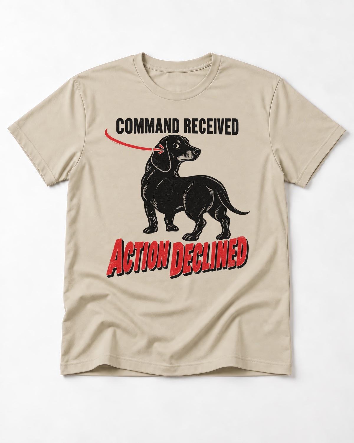 Dachshund Action Declined T-Shirt in Sand, flat lay product photo