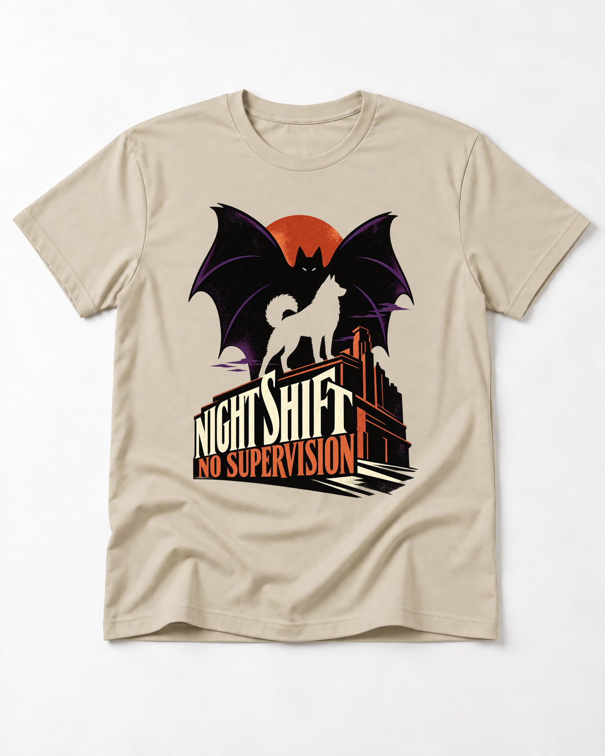 Husky Night Shift No Supervision T-Shirt in Sand, flat lay product photo