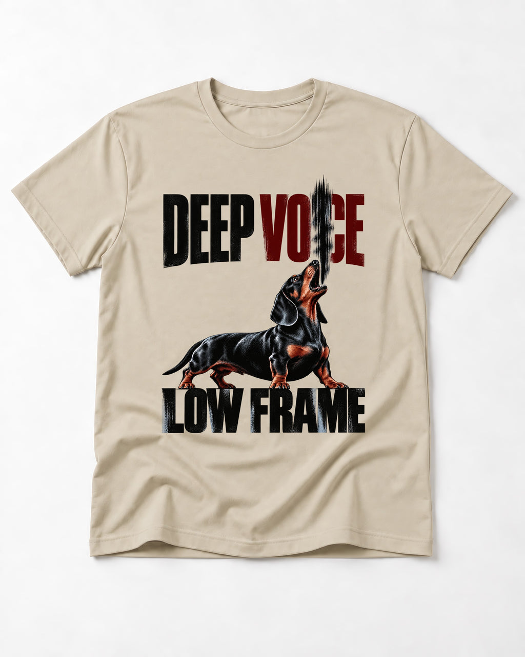 Deep Voice Low Frame Dachshund T-Shirt in Sand, flat lay product photo