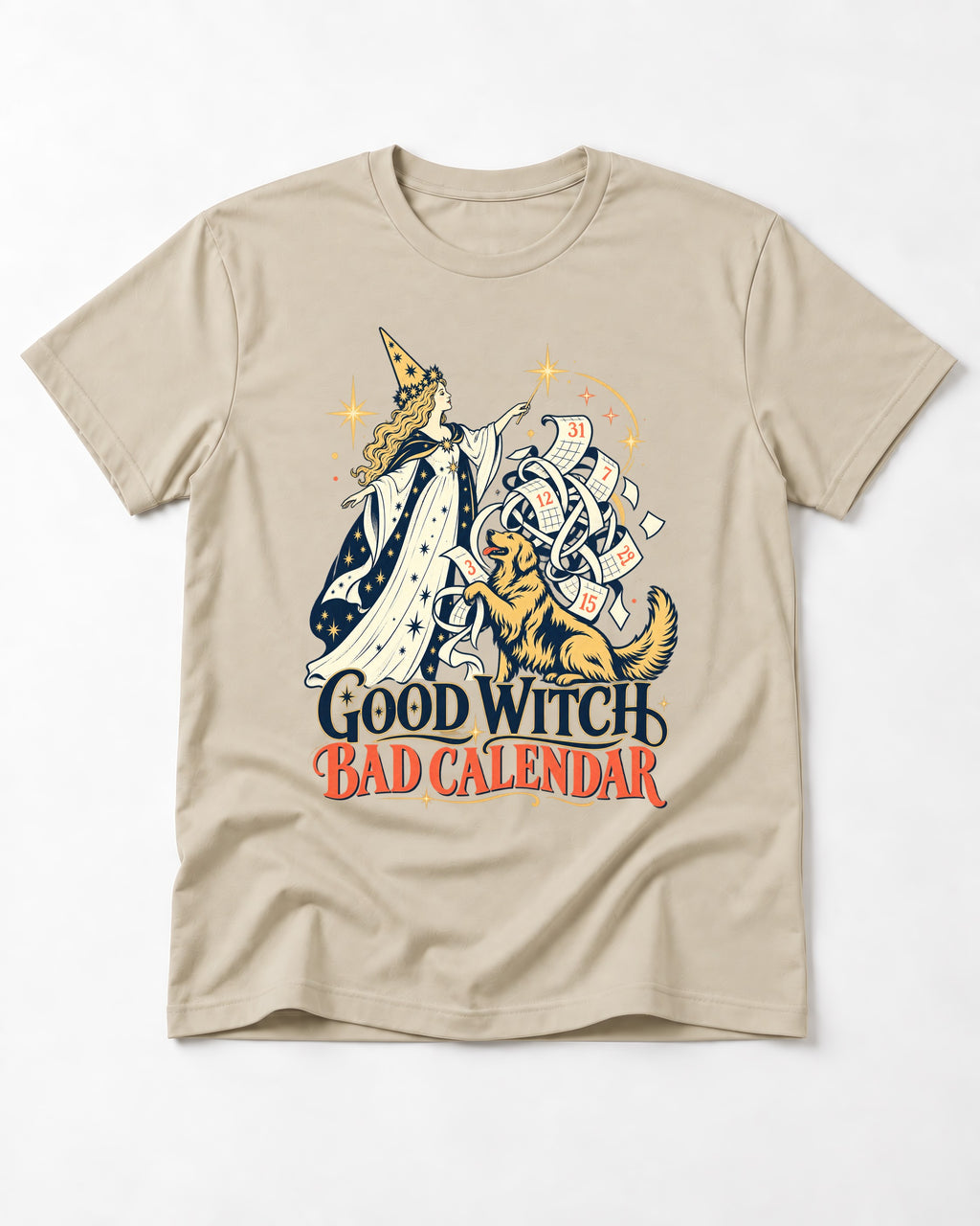 Good Witch Bad Calendar Golden Retriever T-Shirt in Sand, flat lay product photo