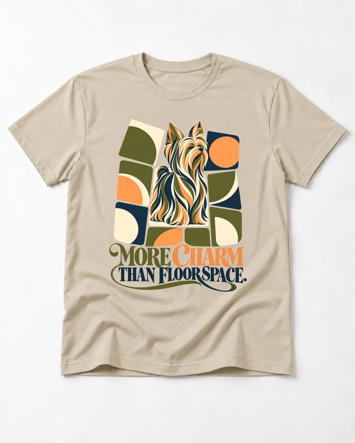 Yorkshire Terrier More Charm Than Space T-Shirt in Sand, flat lay product photo