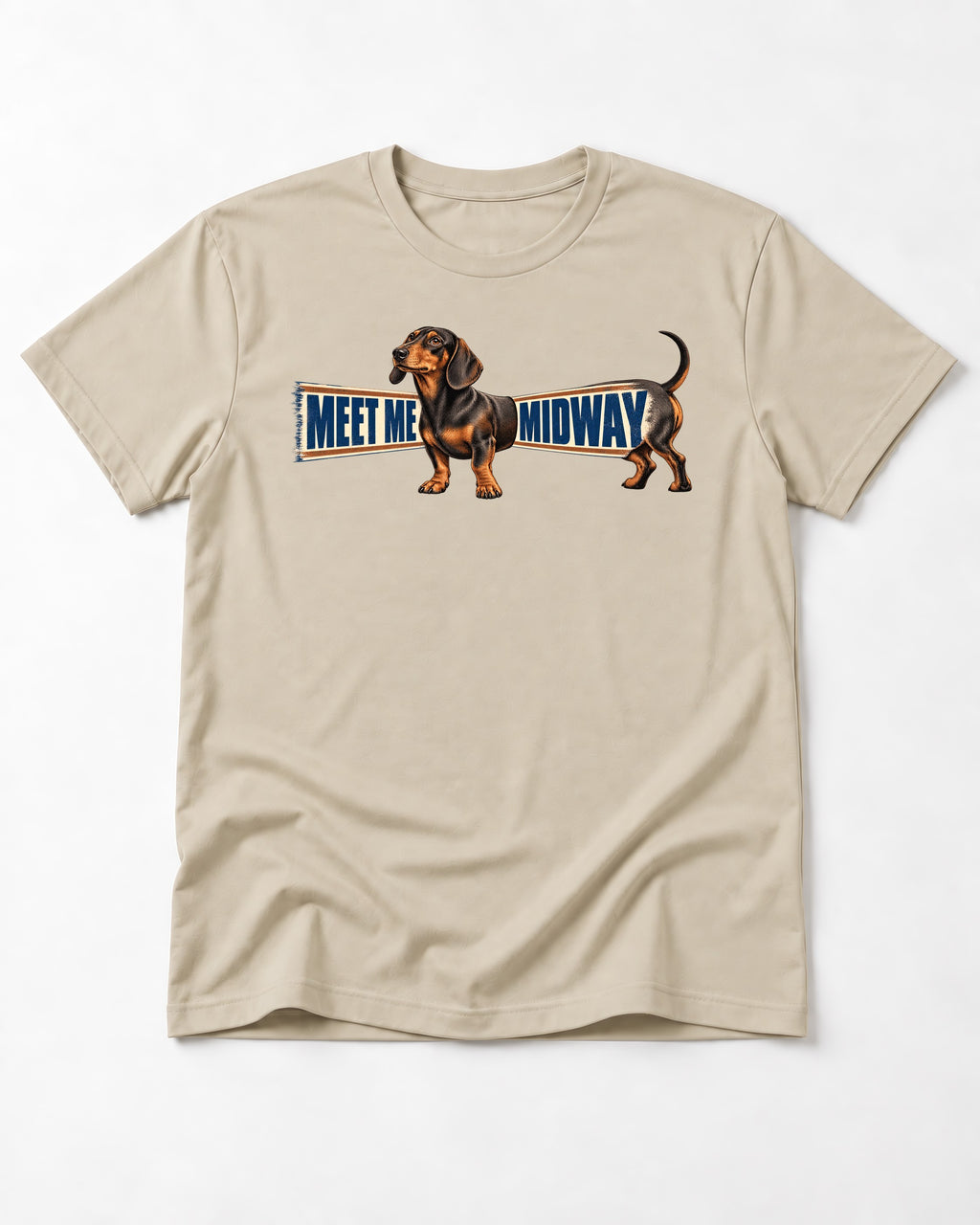 Dachshund Meet Me Midway T-Shirt in Sand, flat lay product photo