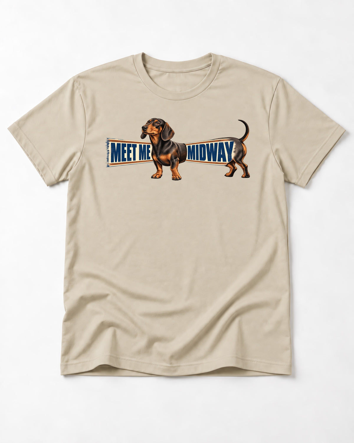 Dachshund Meet Me Midway T-Shirt in Sand, flat lay product photo