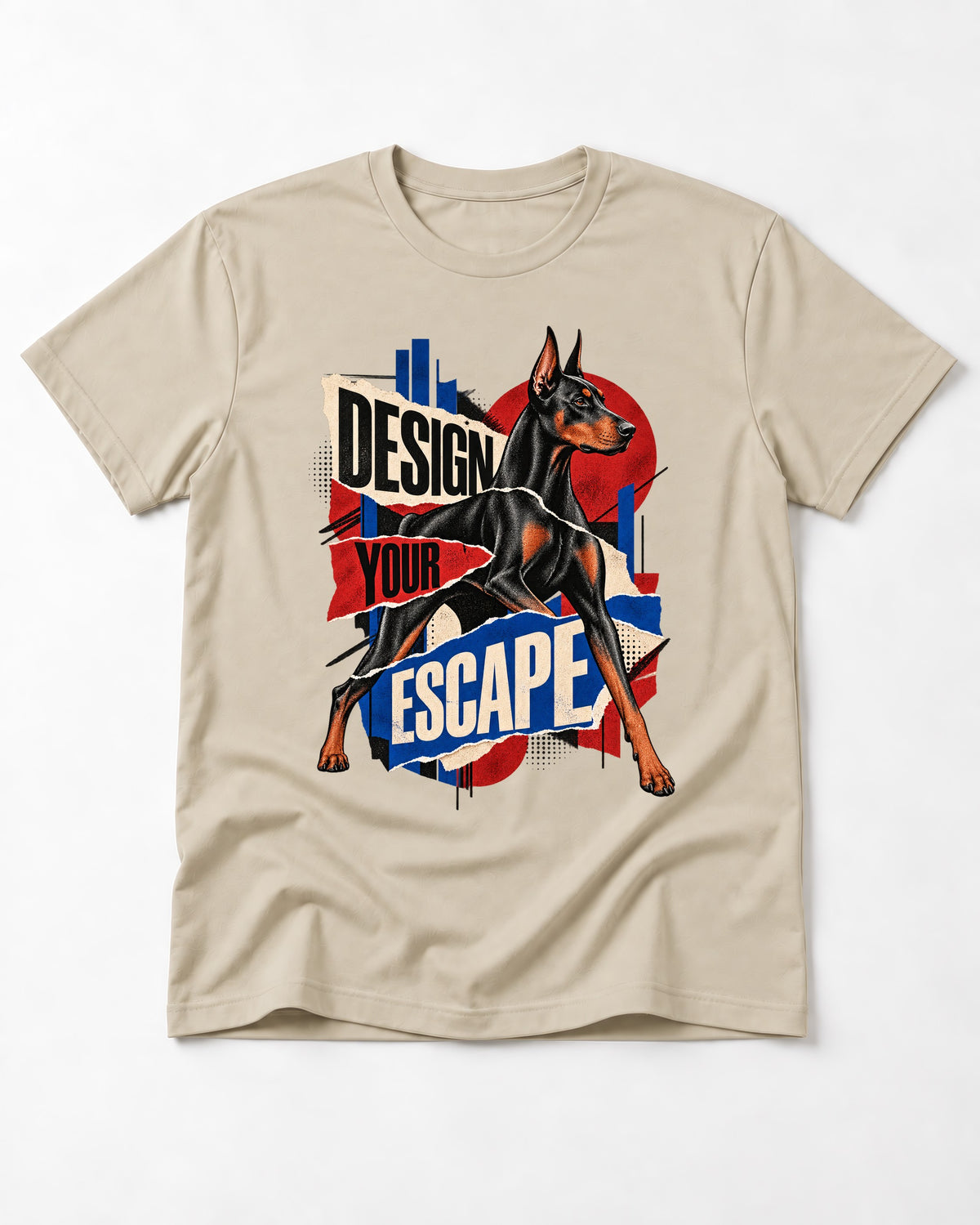 Doberman Escape T-Shirt in Sand, flat lay product photo