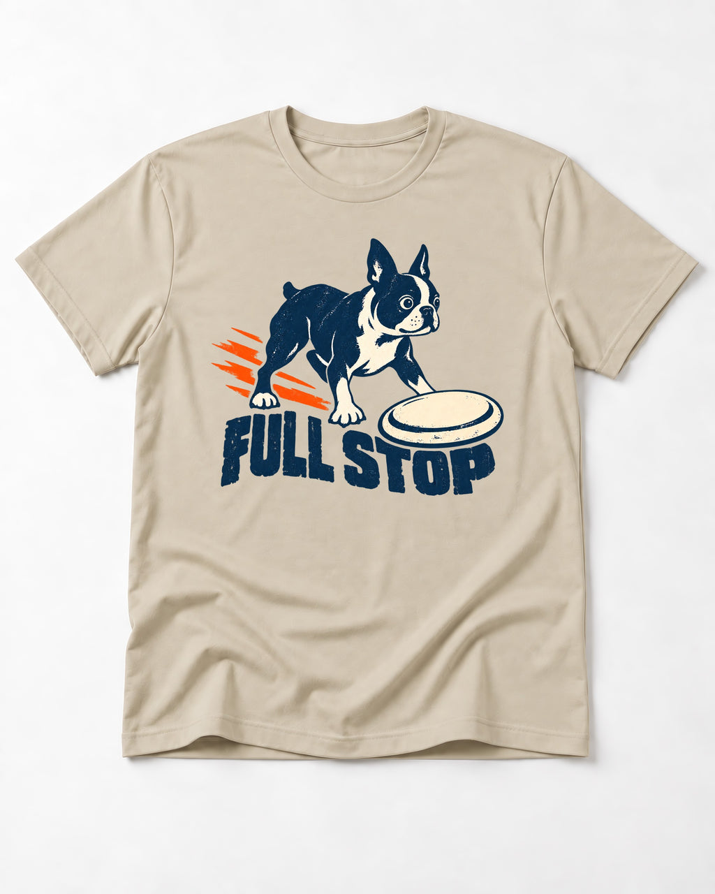 Boston Terrier Full Stop T-Shirt in Sand, flat lay product photo