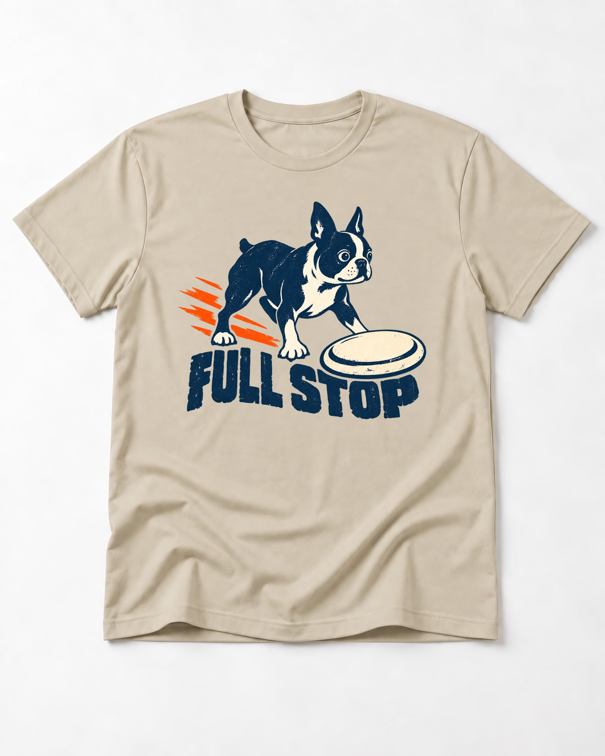 Boston Terrier Full Stop T-Shirt in Sand, flat lay product photo