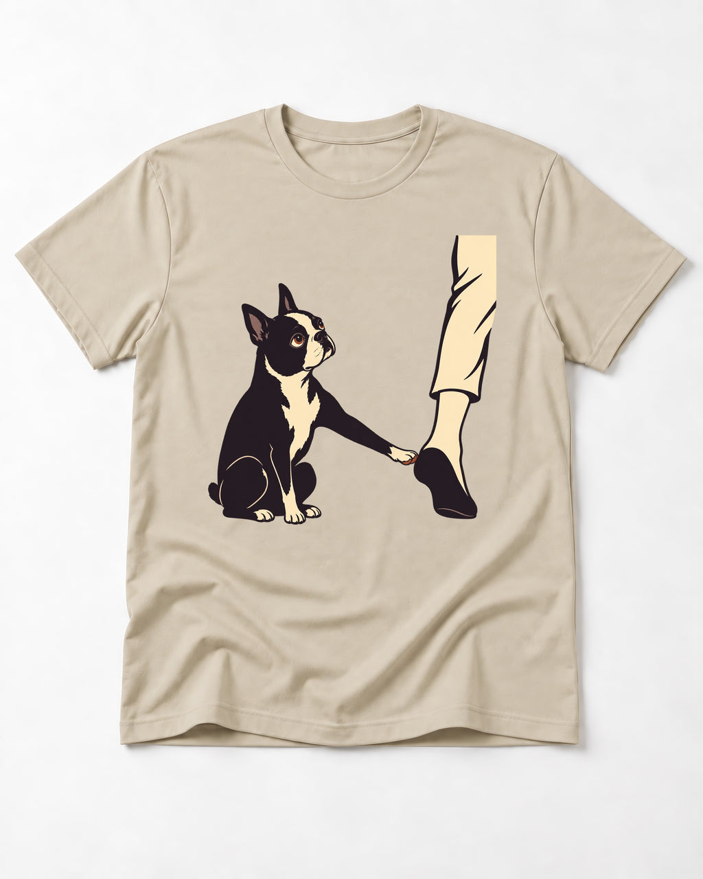 Boston Terrier Stay with Me T-Shirt in Sand, flat lay product photo