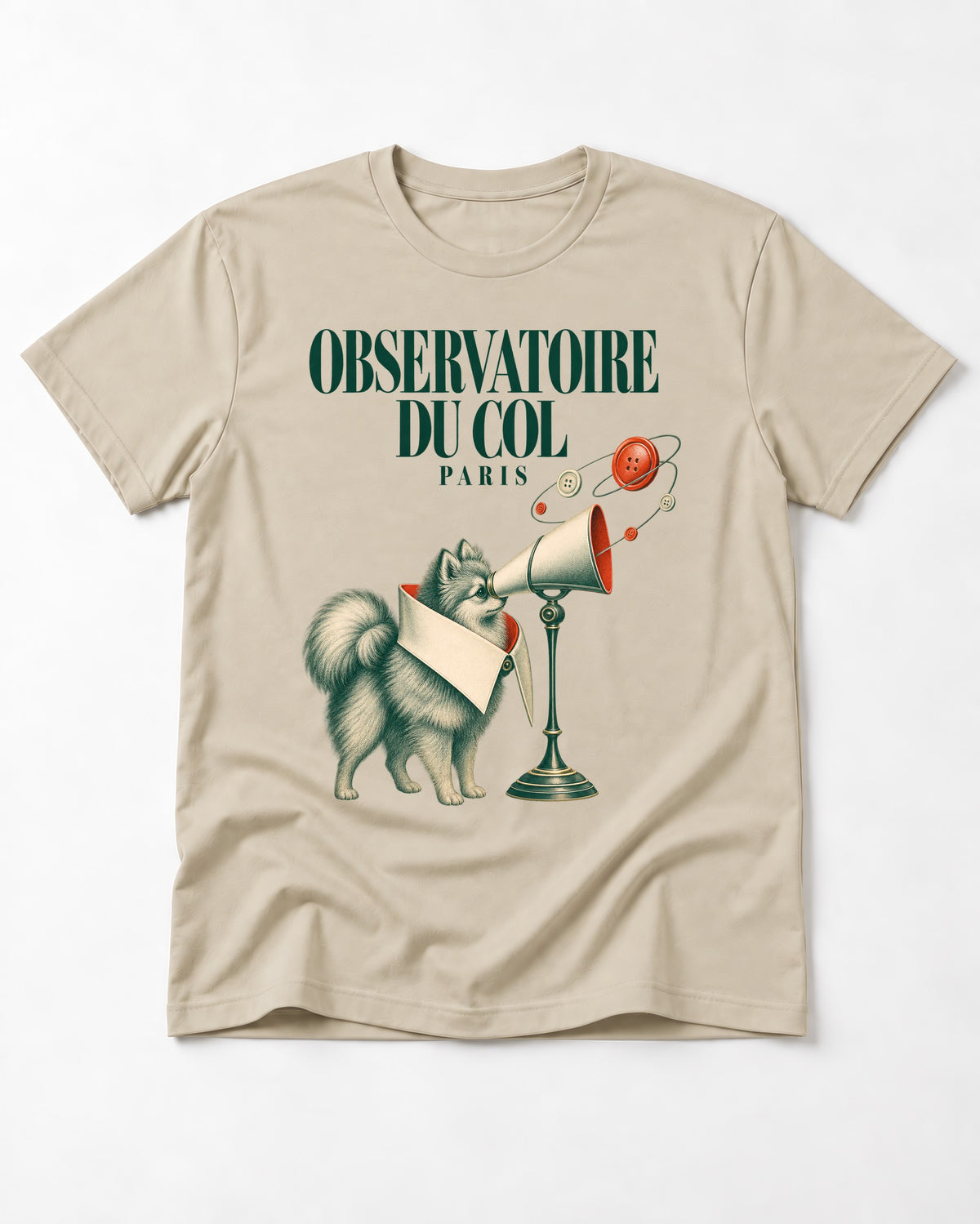 Pomeranian Observatoire Du Col T-Shirt in Sand, flat lay product photo