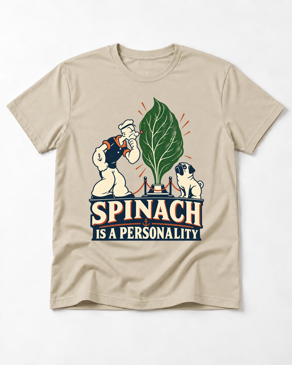 Pug Spinach Is a Personality T-Shirt in Sand, flat lay product photo