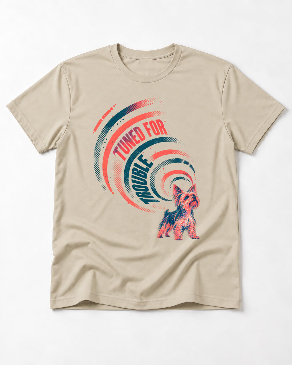 Yorkshire Terrier Tuned for Trouble T-Shirt in Sand, flat lay product photo
