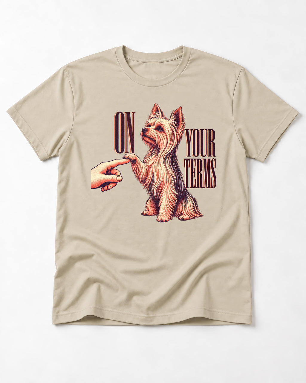 Yorkshire Terrier On Your Terms T-Shirt in Sand, flat lay product photo