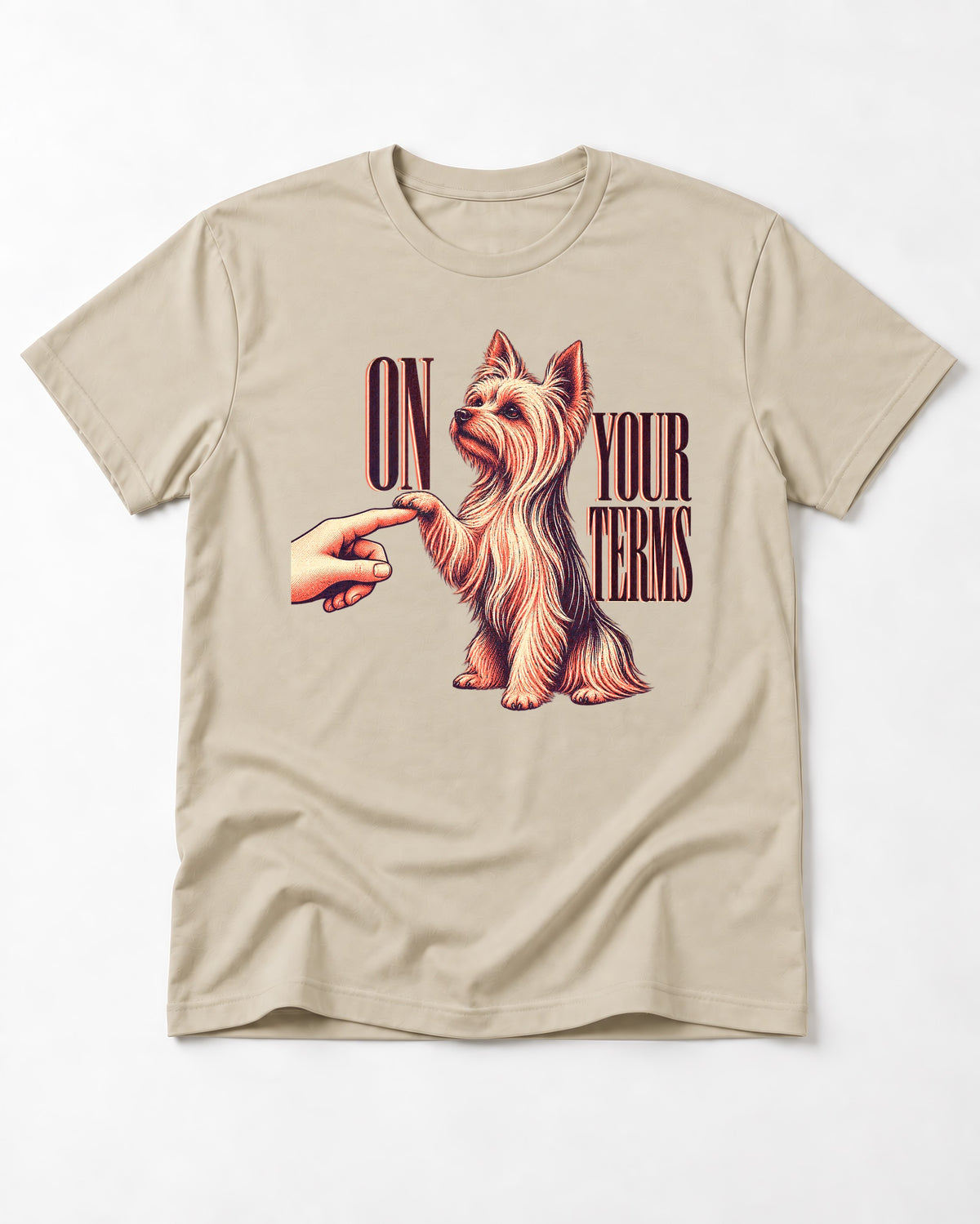 Yorkshire Terrier On Your Terms T-Shirt in Sand, flat lay product photo