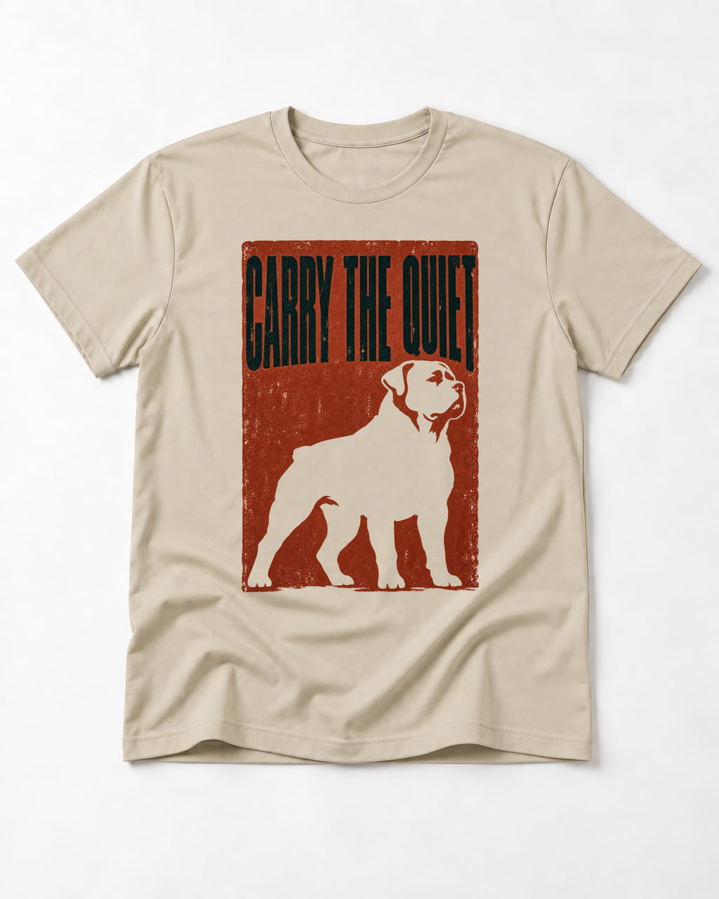 Rottweiler Carry the Quiet T-Shirt in Sand, flat lay product photo