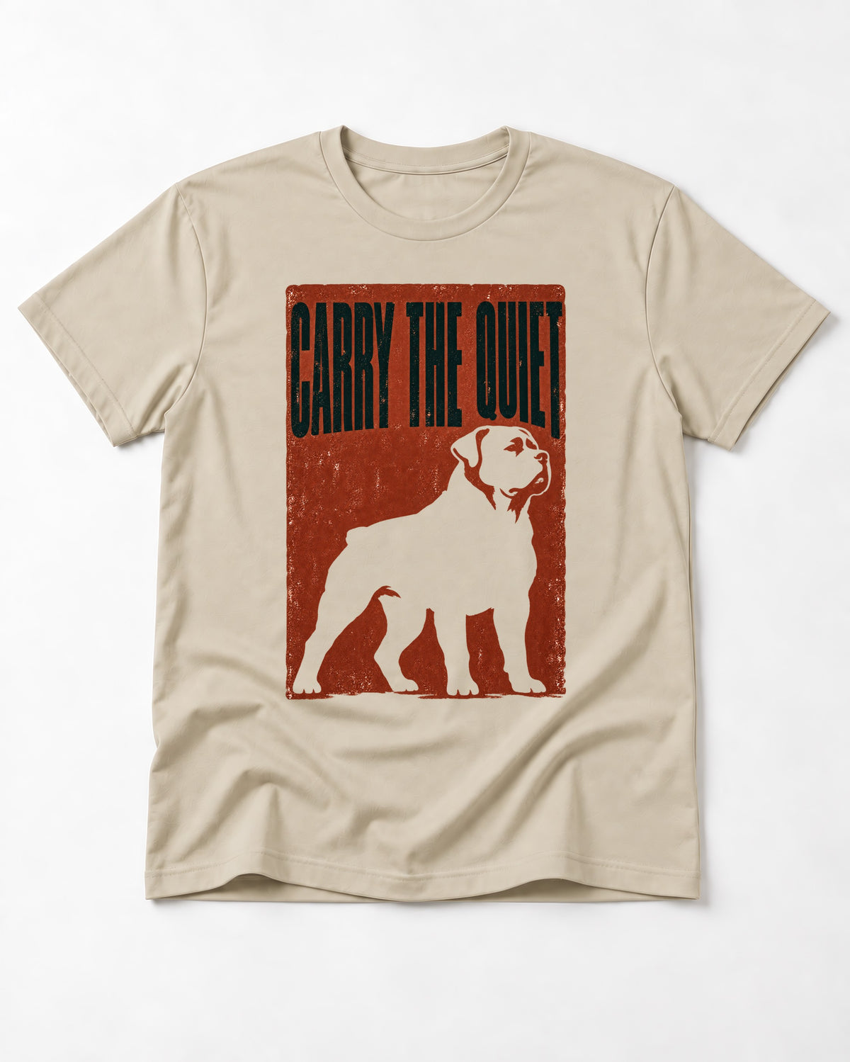 Rottweiler Carry the Quiet T-Shirt in Sand, flat lay product photo